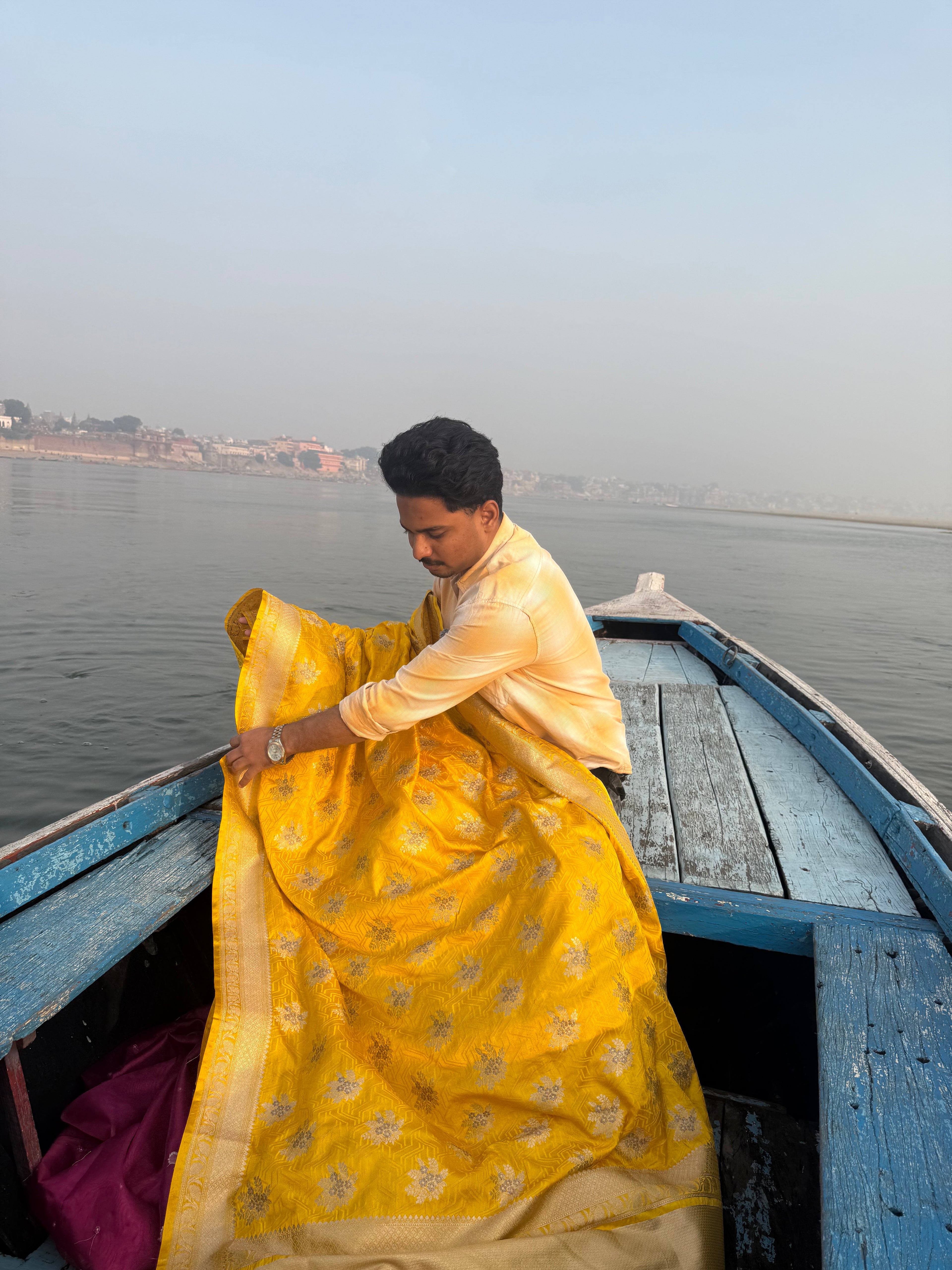 Yellow Banarasi Mashru Silk Saree All Over Alfi Meena Buta