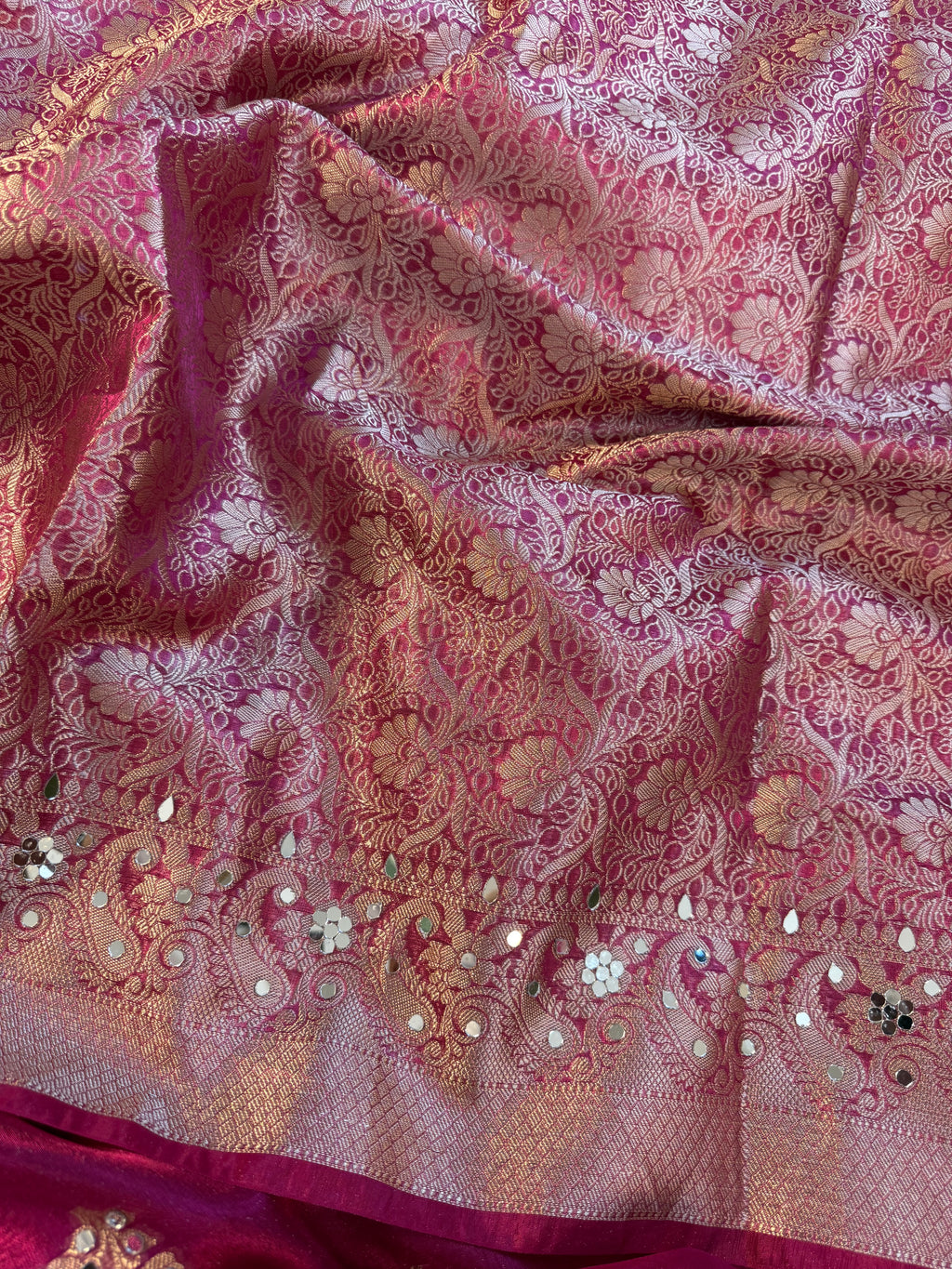 Designer Banarasi Tissue Saree with mirror Work on all over Body with Intricate Border and Pallu Design Along with heavy mirror work and Gotta Patti Lace Work