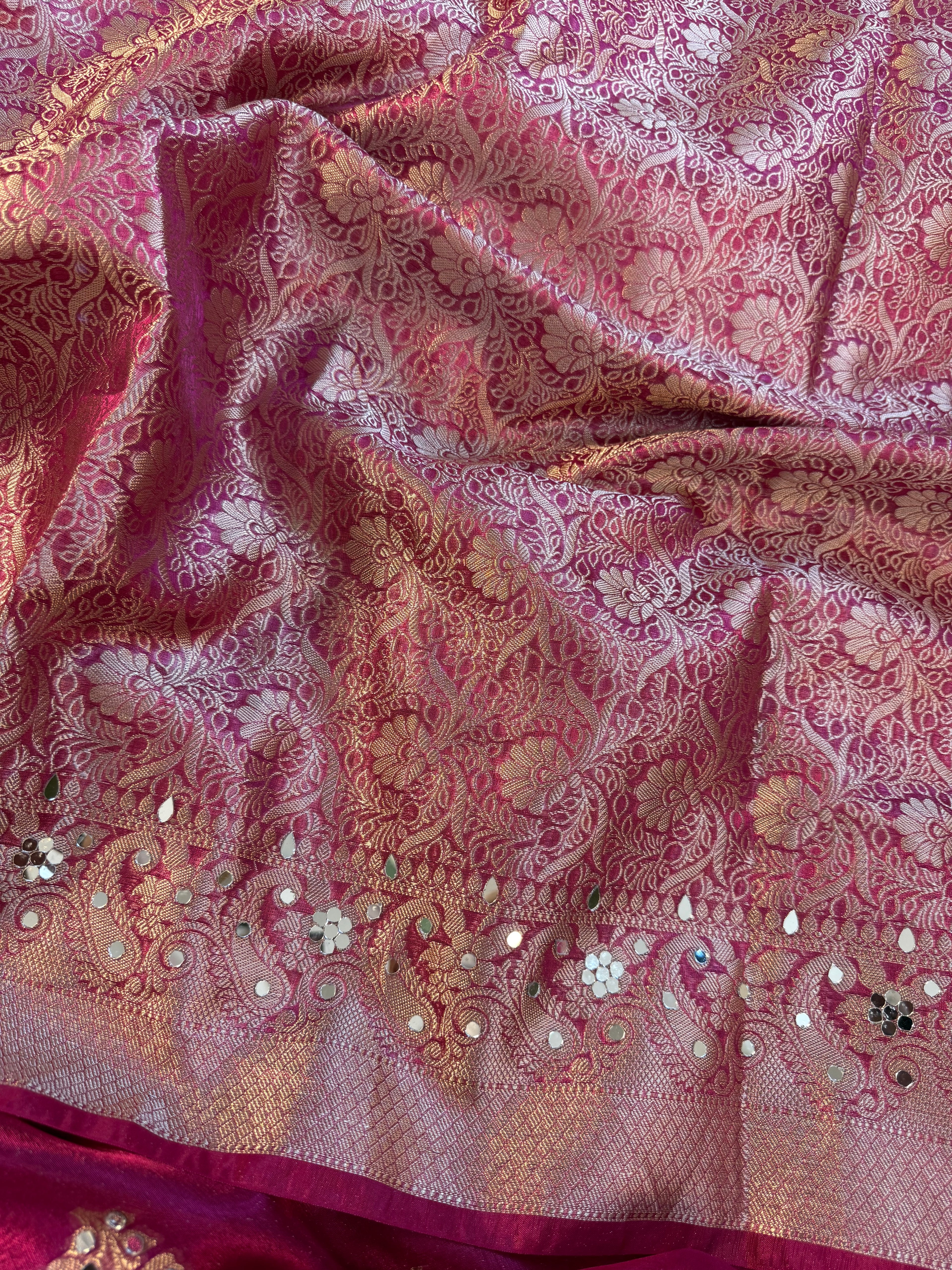 Designer Banarasi Tissue Saree with mirror Work on all over Body with Intricate Border and Pallu Design Along with heavy mirror work and Gotta Patti Lace Work