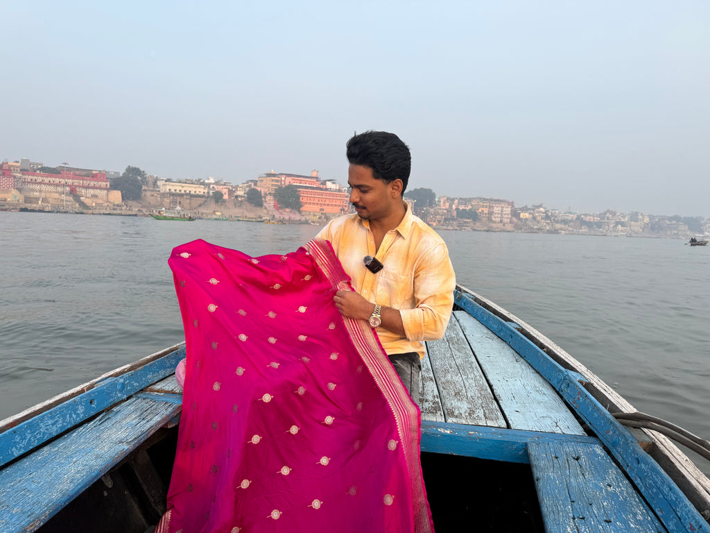 Rani Pink shade Banarasi Mashru Silk Saree All Over Alfi Meena Buta