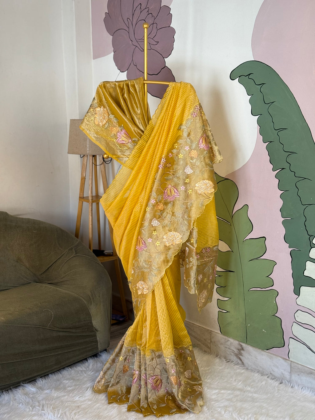 Yellow Designer Chiniya Tissue Silk Stripe Saree with multi color floral embroidered on Tissue Base