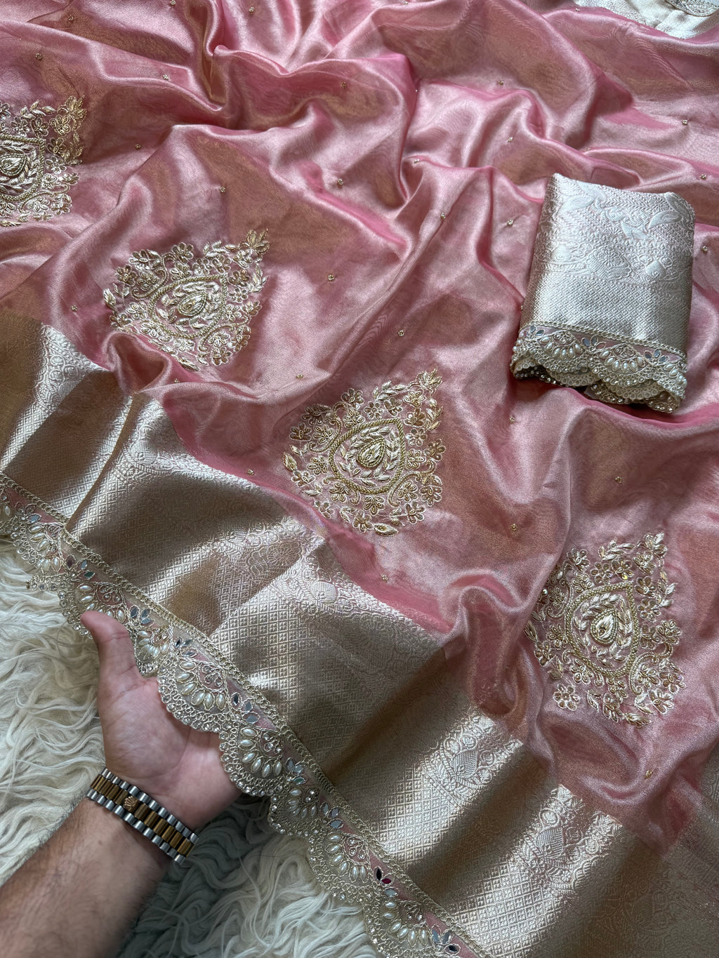 Pretty Pink Shade Banarasi Tissue Silk Zardozi Handwork Saree