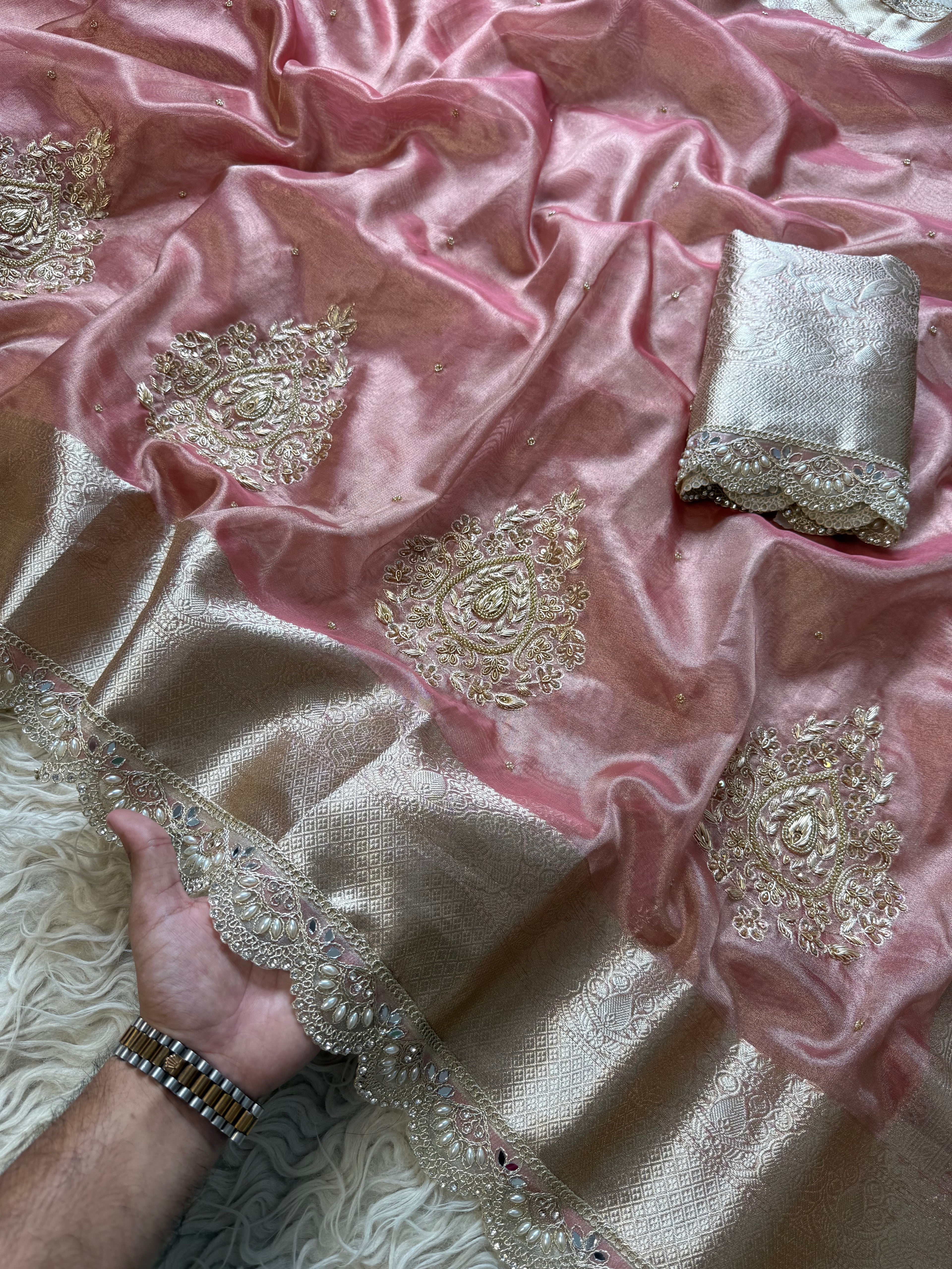Pretty Pink Shade Banarasi Tissue Silk Zardozi Handwork Saree