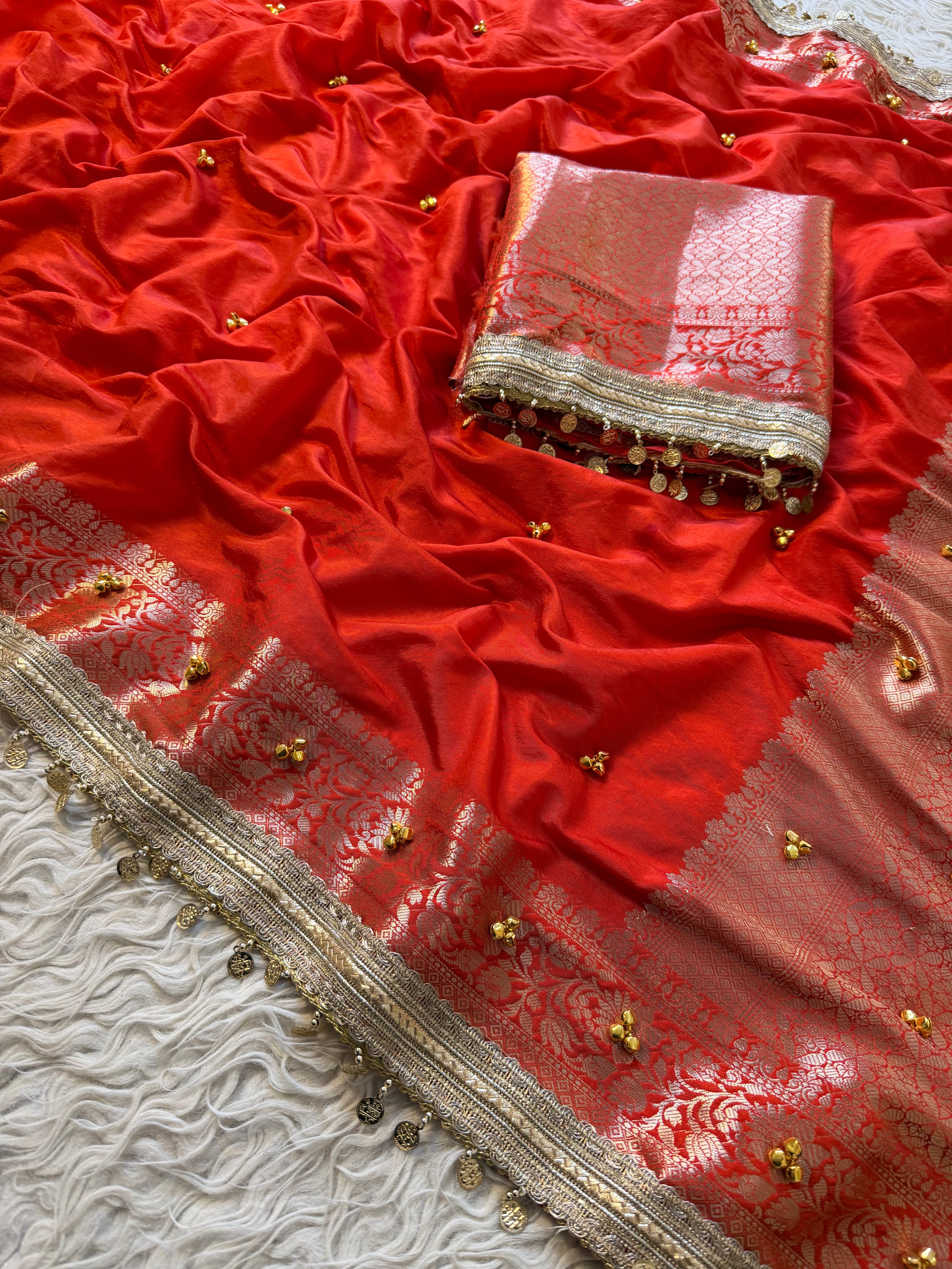 Orange Banarasi butter silk saree X ghungroo work