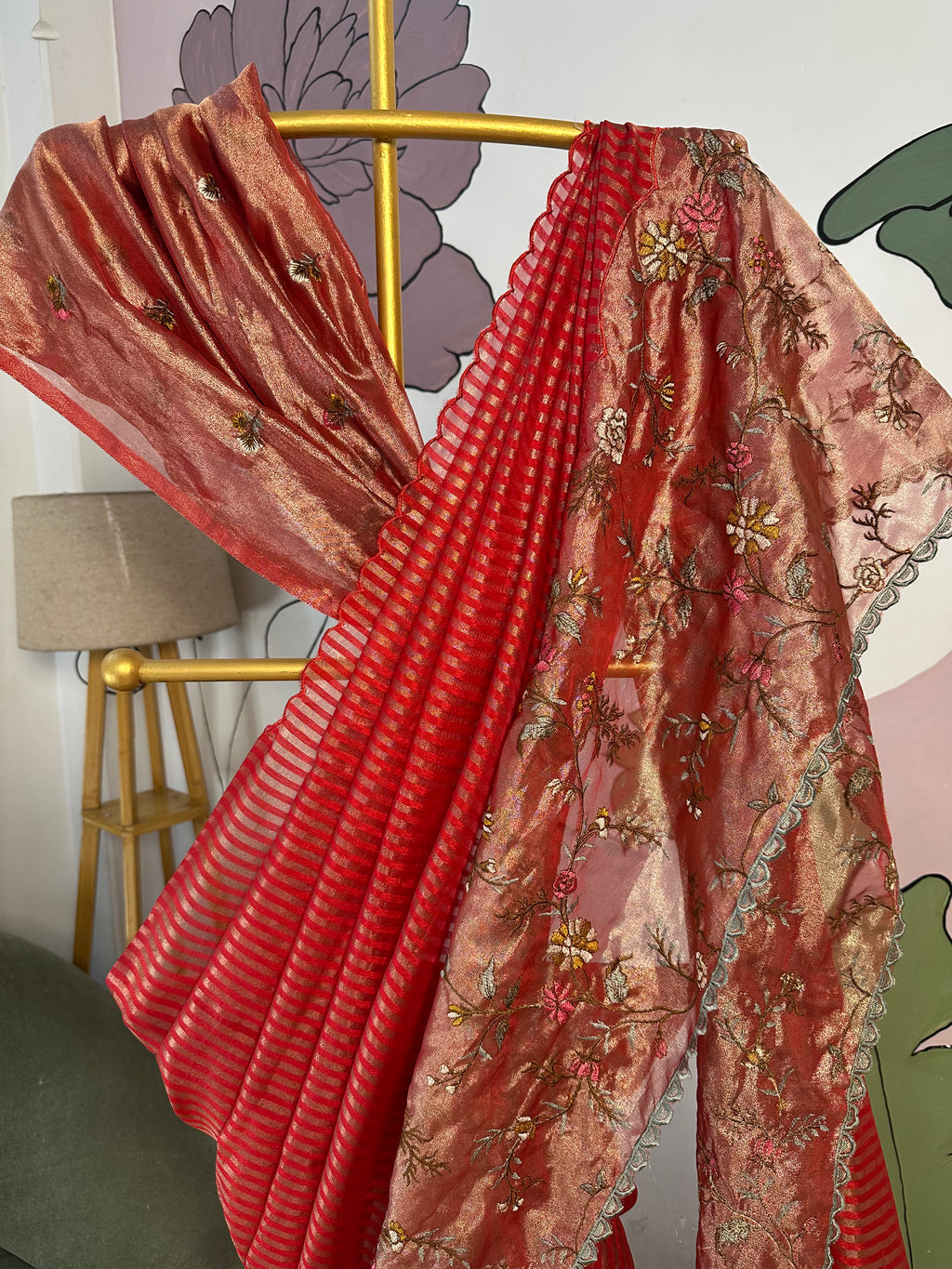 Red Designer Chiniya Tissue Silk Stripe Saree with multi color floral embroidered on Tissue Base