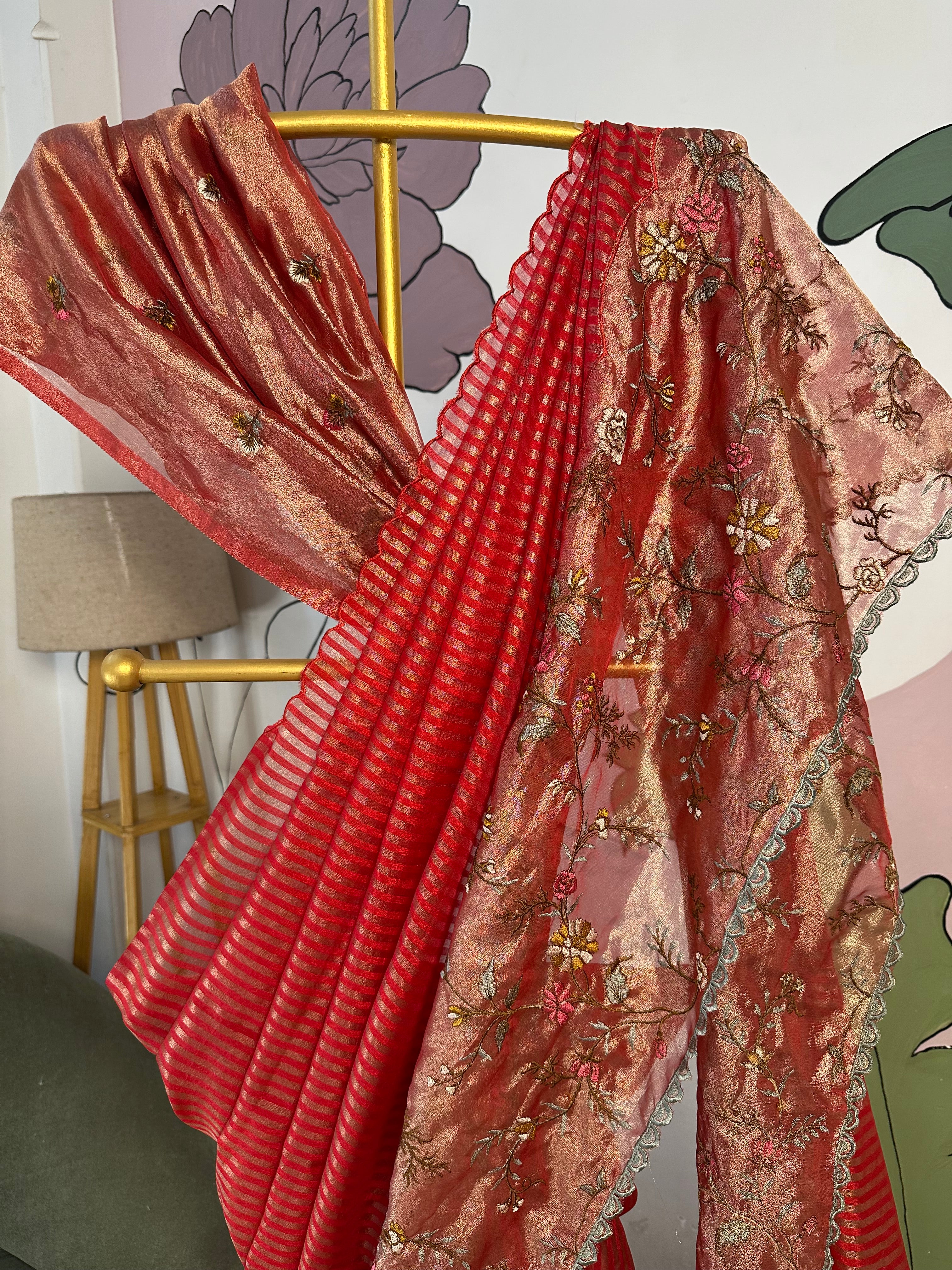 Red Designer Chiniya Tissue Silk Stripe Saree with multi color floral embroidered on Tissue Base
