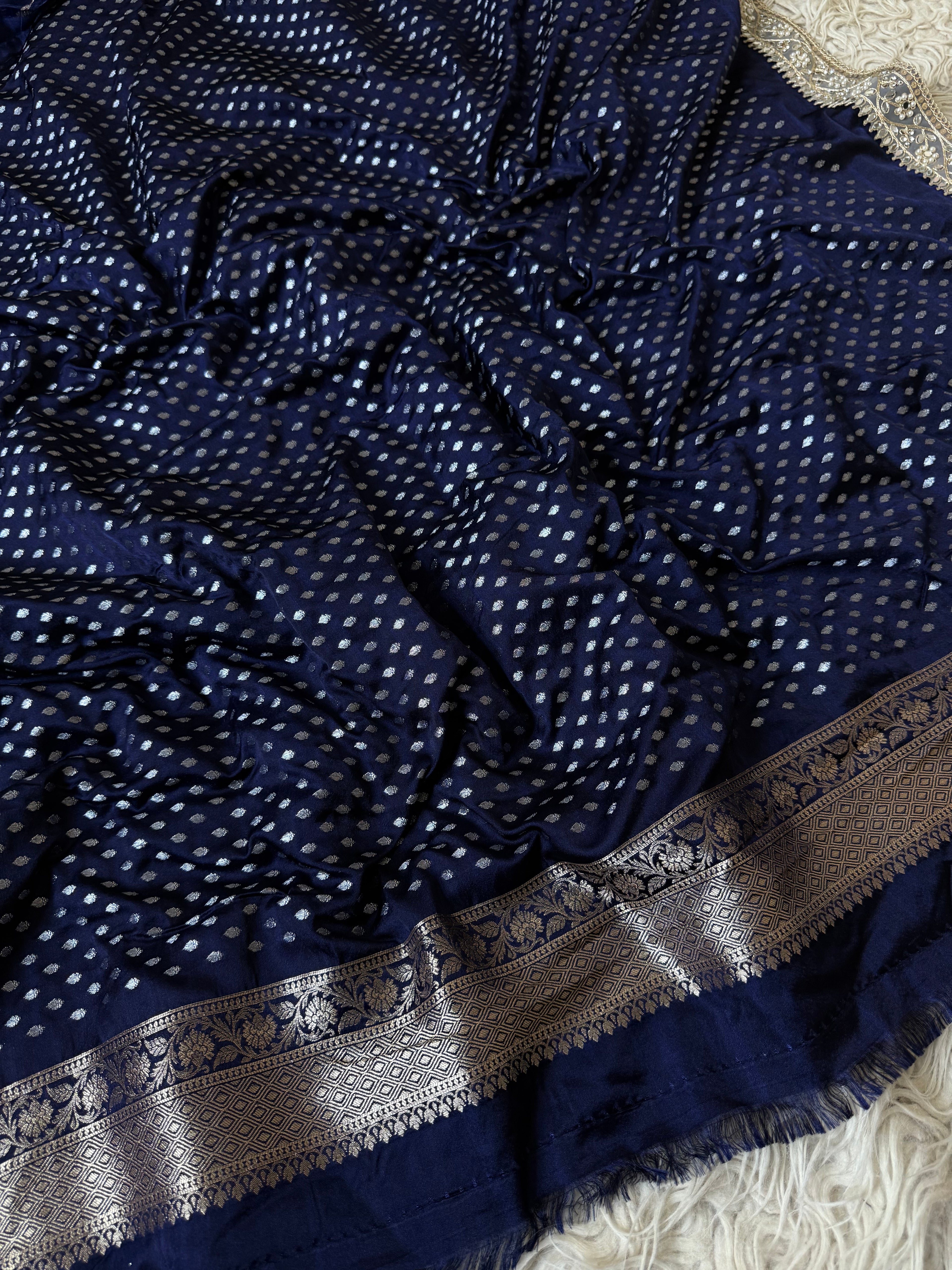 Banarasi Mashru Silk Saree All Over Alfi Meena Buta with pearl and mirror lace border