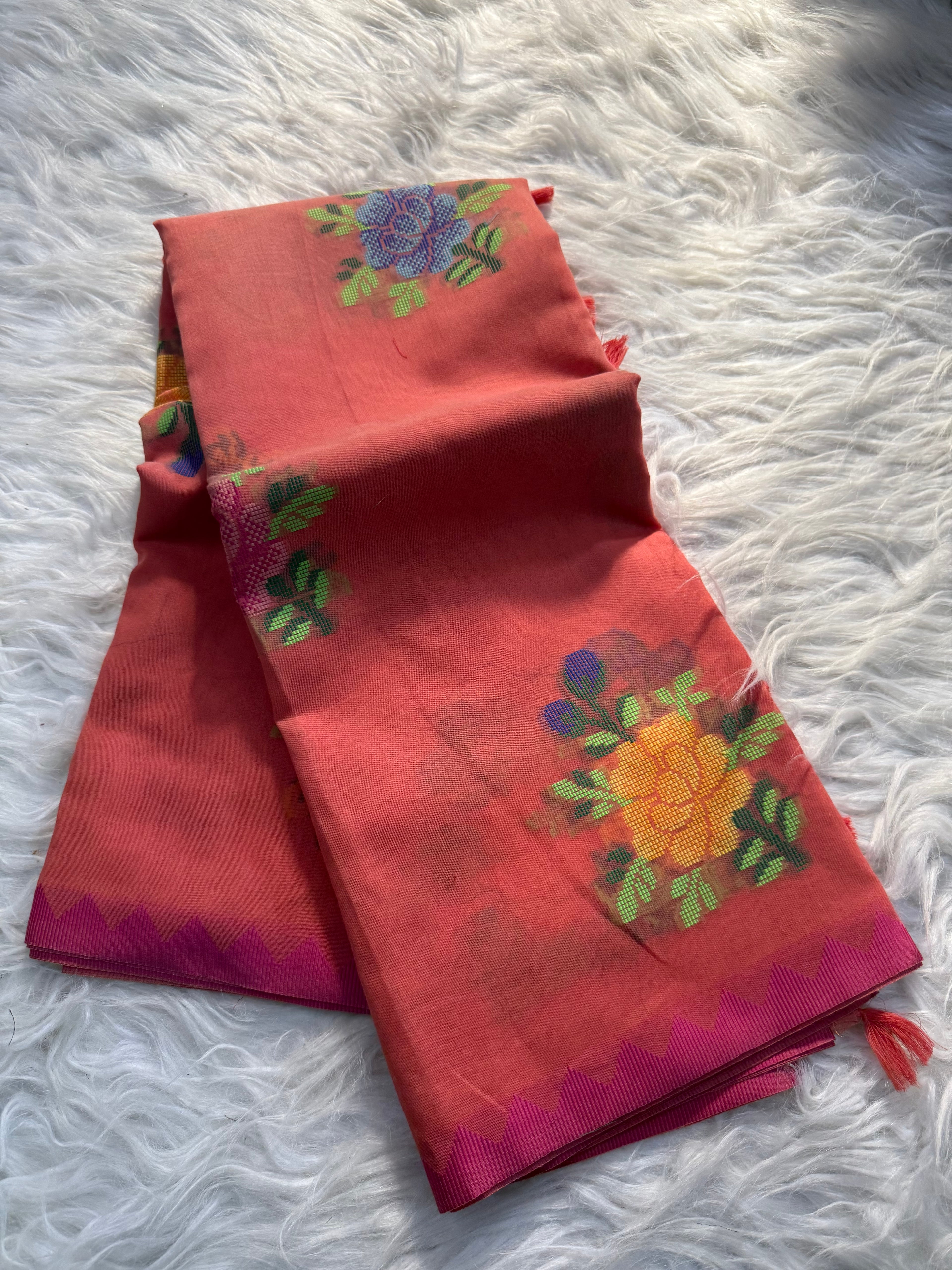 Multi color floral Buta linen cotton saree
