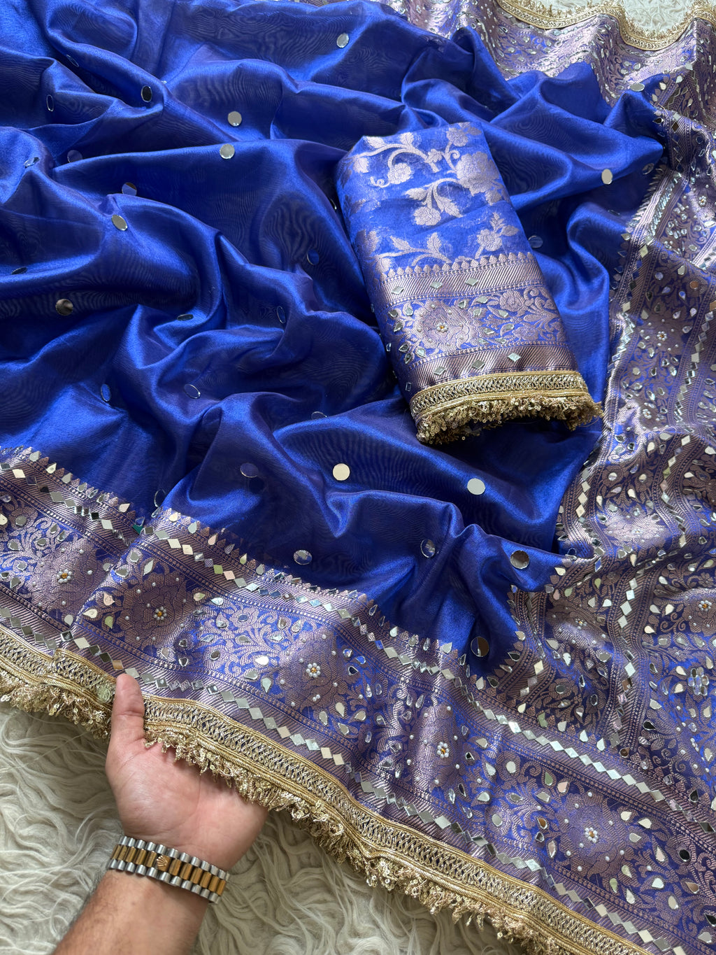 Designer Banarasi Tissue Saree with Pearl and mirror Work on all over Body with Intricate Border and Pallu Design Along with Gotta Patti Lace Work