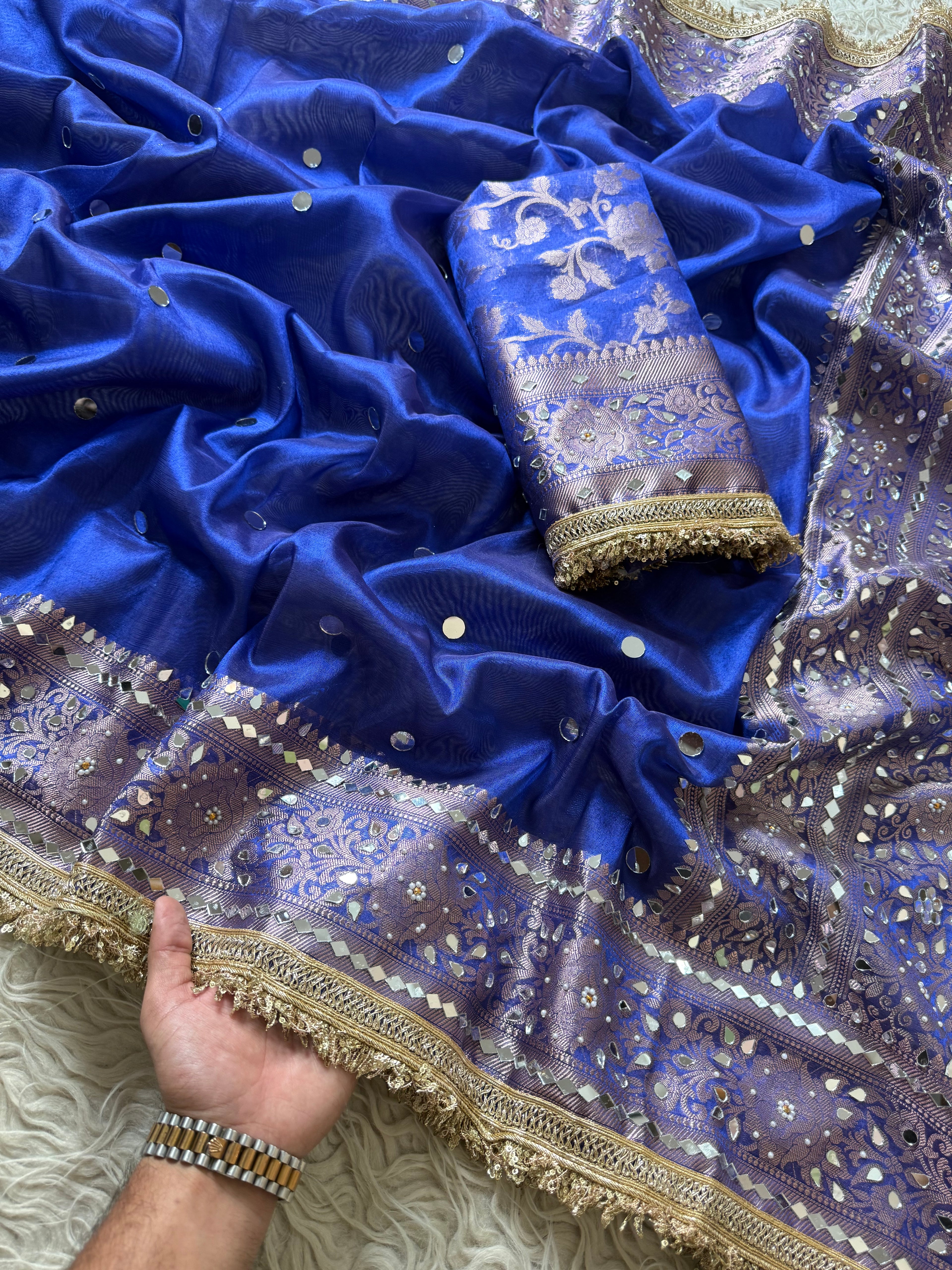 Designer Banarasi Tissue Saree with Pearl and mirror Work on all over Body with Intricate Border and Pallu Design Along with Gotta Patti Lace Work