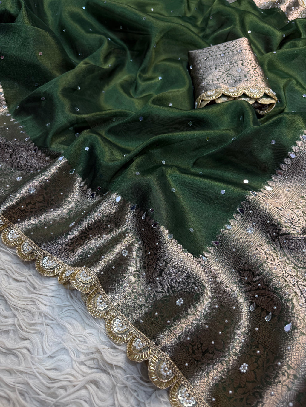 Mehendi green Designer Banarasi Tissue Saree with Pearl Work on all over Body with Intricate Border and Pallu Design Along with Gotta Patti Lace Work