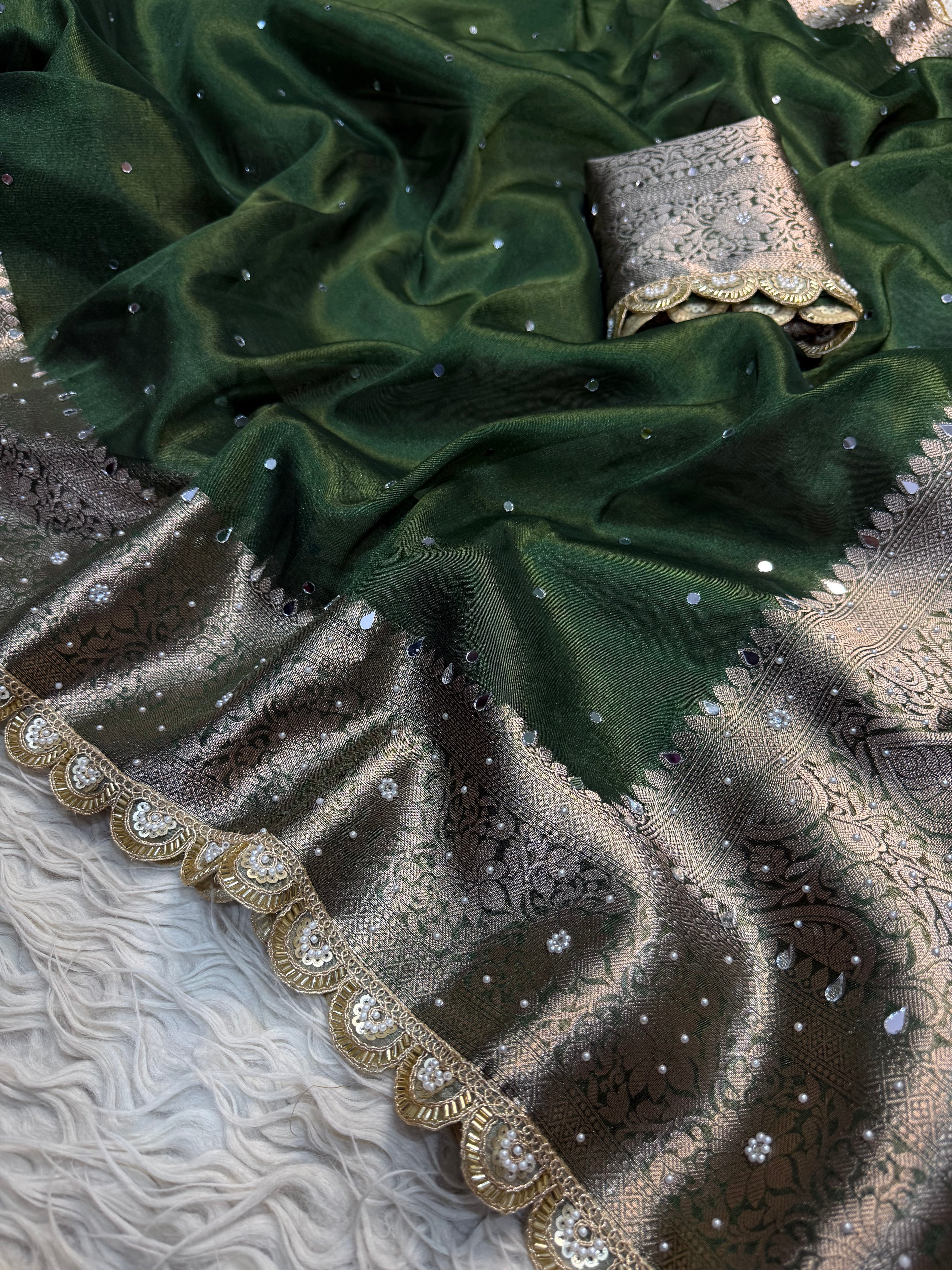Mehendi green Designer Banarasi Tissue Saree with Pearl Work on all over Body with Intricate Border and Pallu Design Along with Gotta Patti Lace Work