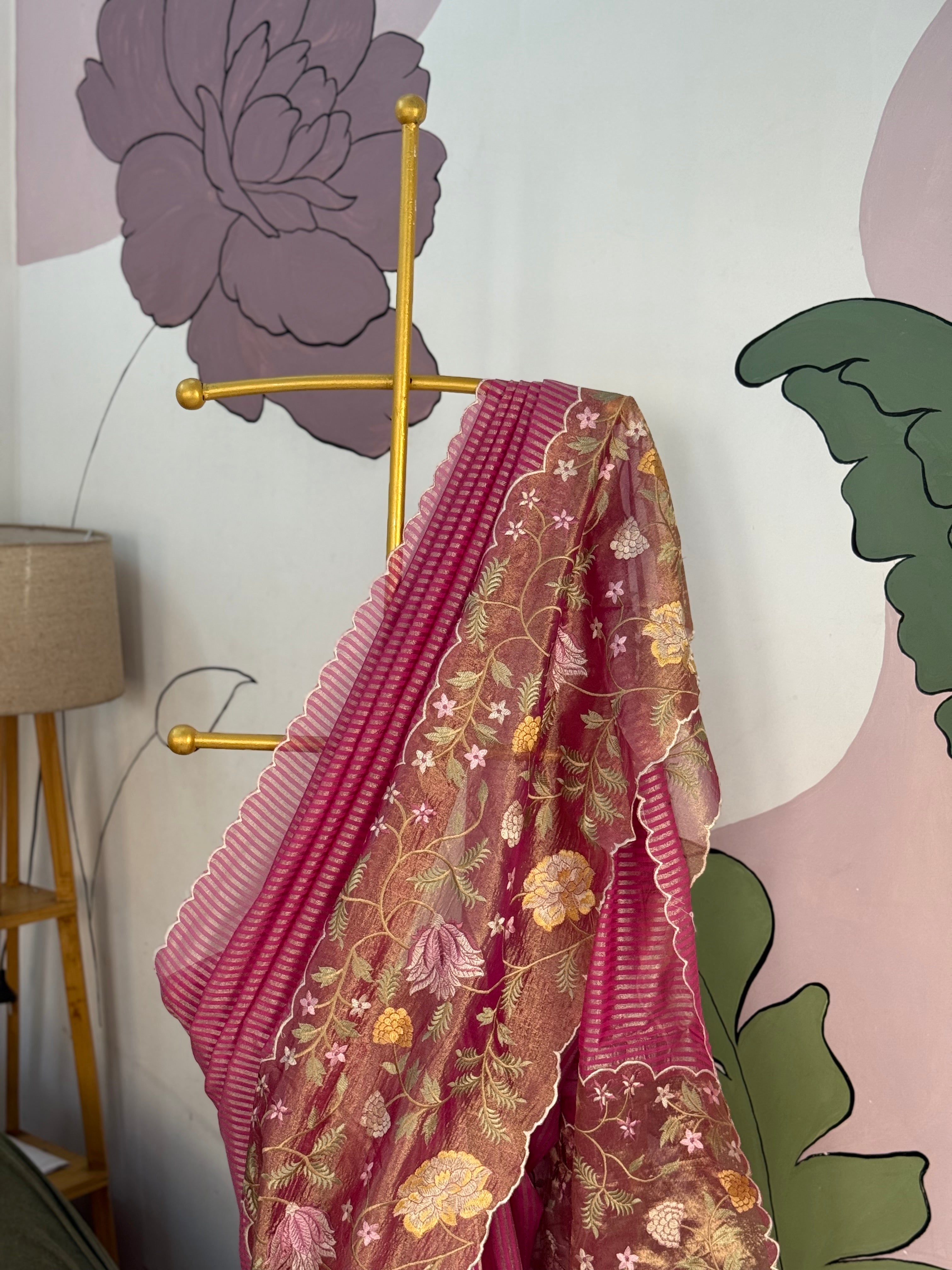 Rani Pink Brown Designer Chiniya Tissue Silk Stripe Saree with multi color floral embroidered on Tissue Base