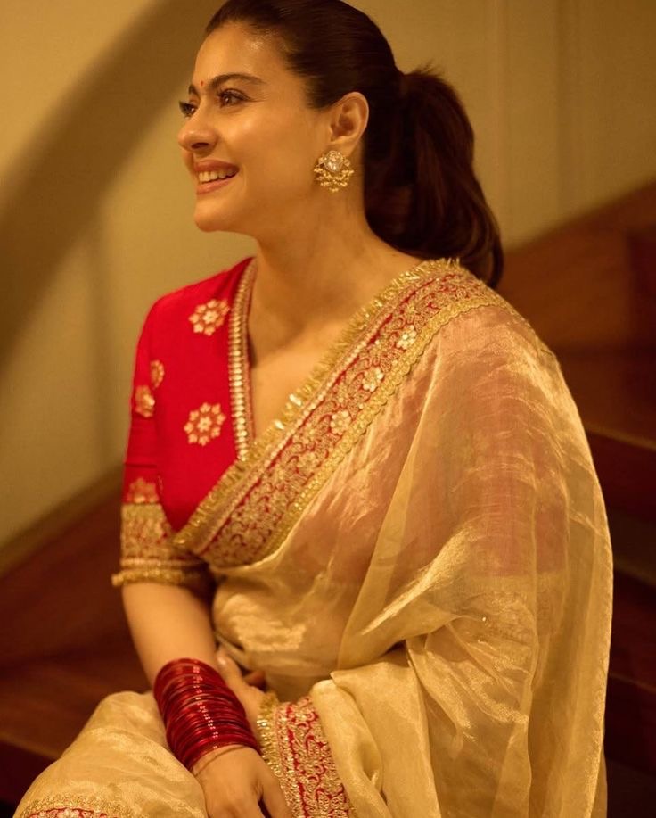 Kajol Inspired Ivory Tissue Silk Saree with Red Velvet Lace border with contrast Red Blouse