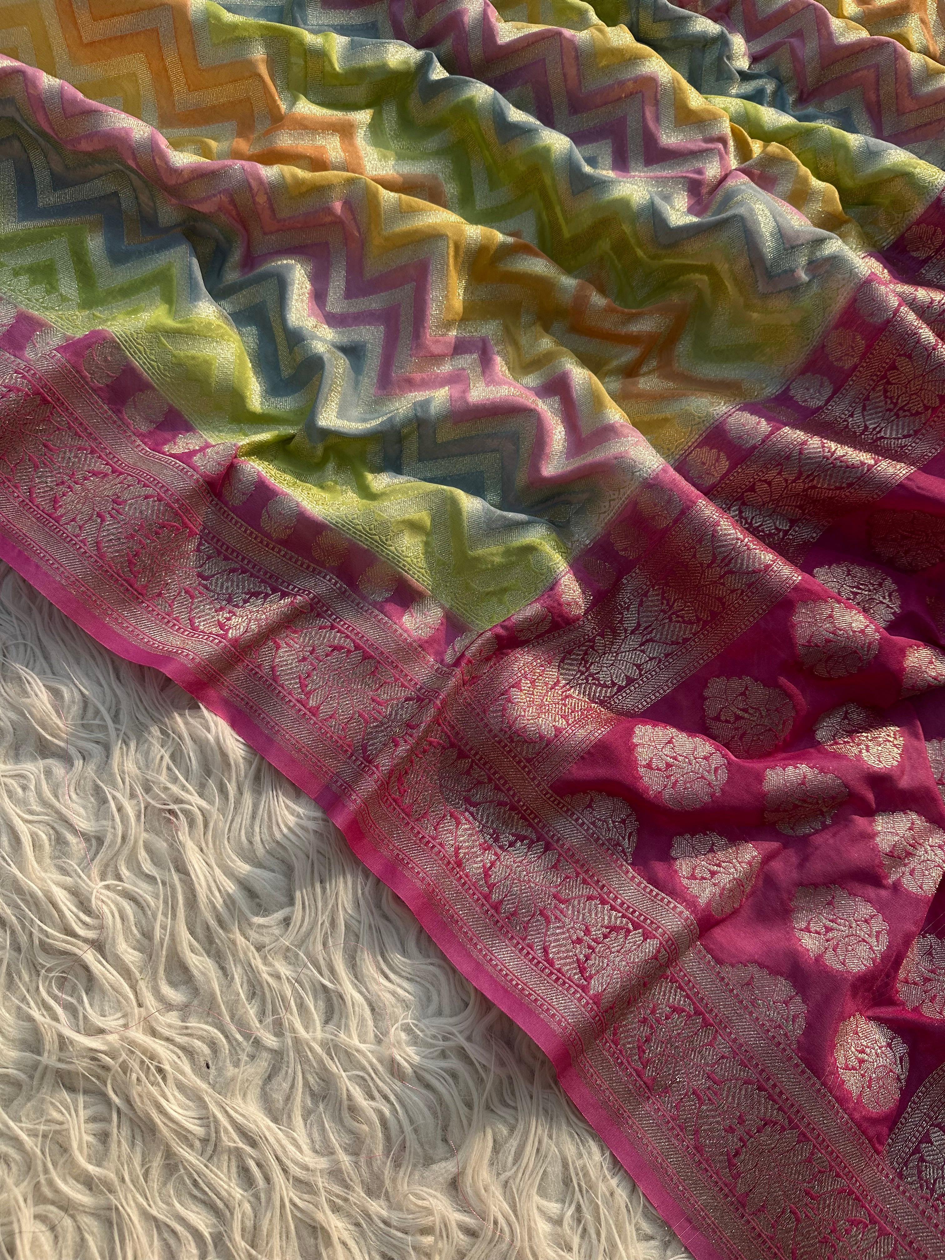 Rangkat Banarasi Zigzag Georgette Saree in Rani pink and orange Color