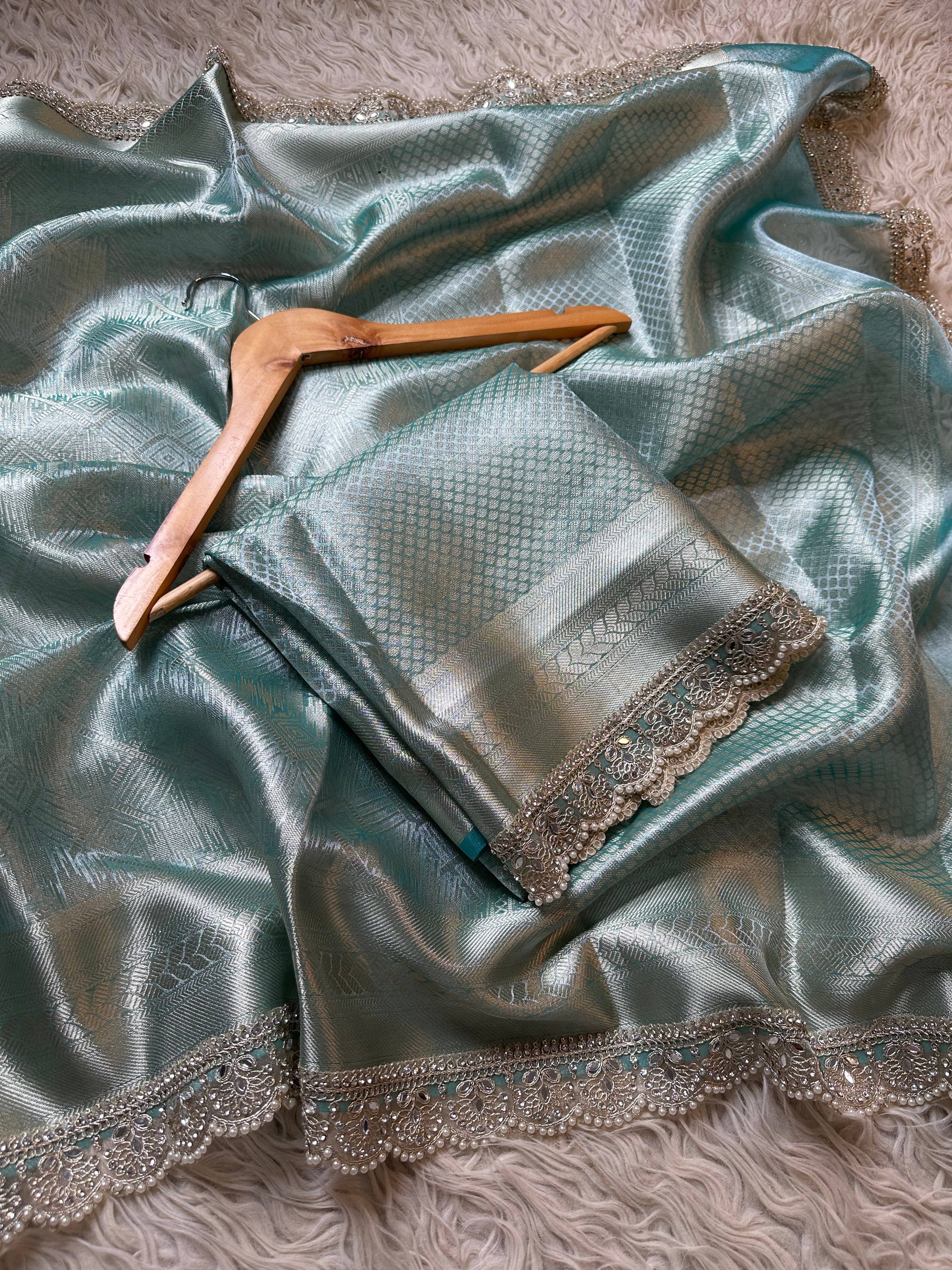Bridal Kanjeevaram Brocade Tissue Saree with Designer Pearl and Mirror Lace Work