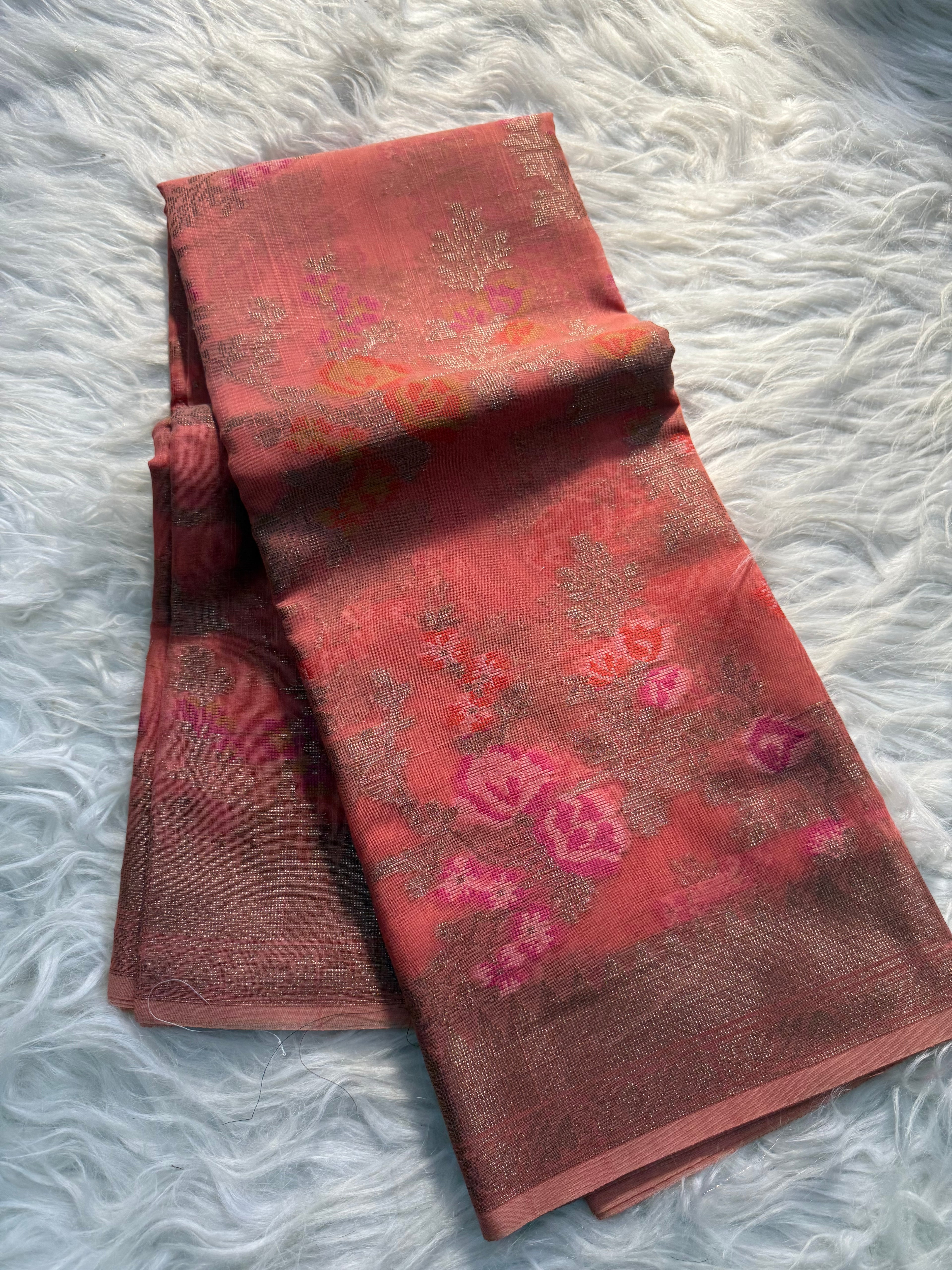 Multi color floral Jaal linen cotton saree