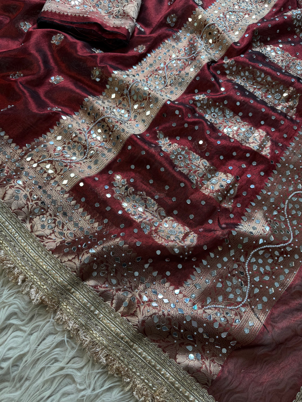 Designer Banarasi Tissue Saree with Pearl Work on all over Body with Intricate Border and Pallu Design Along with Gotta Patti Lace Work