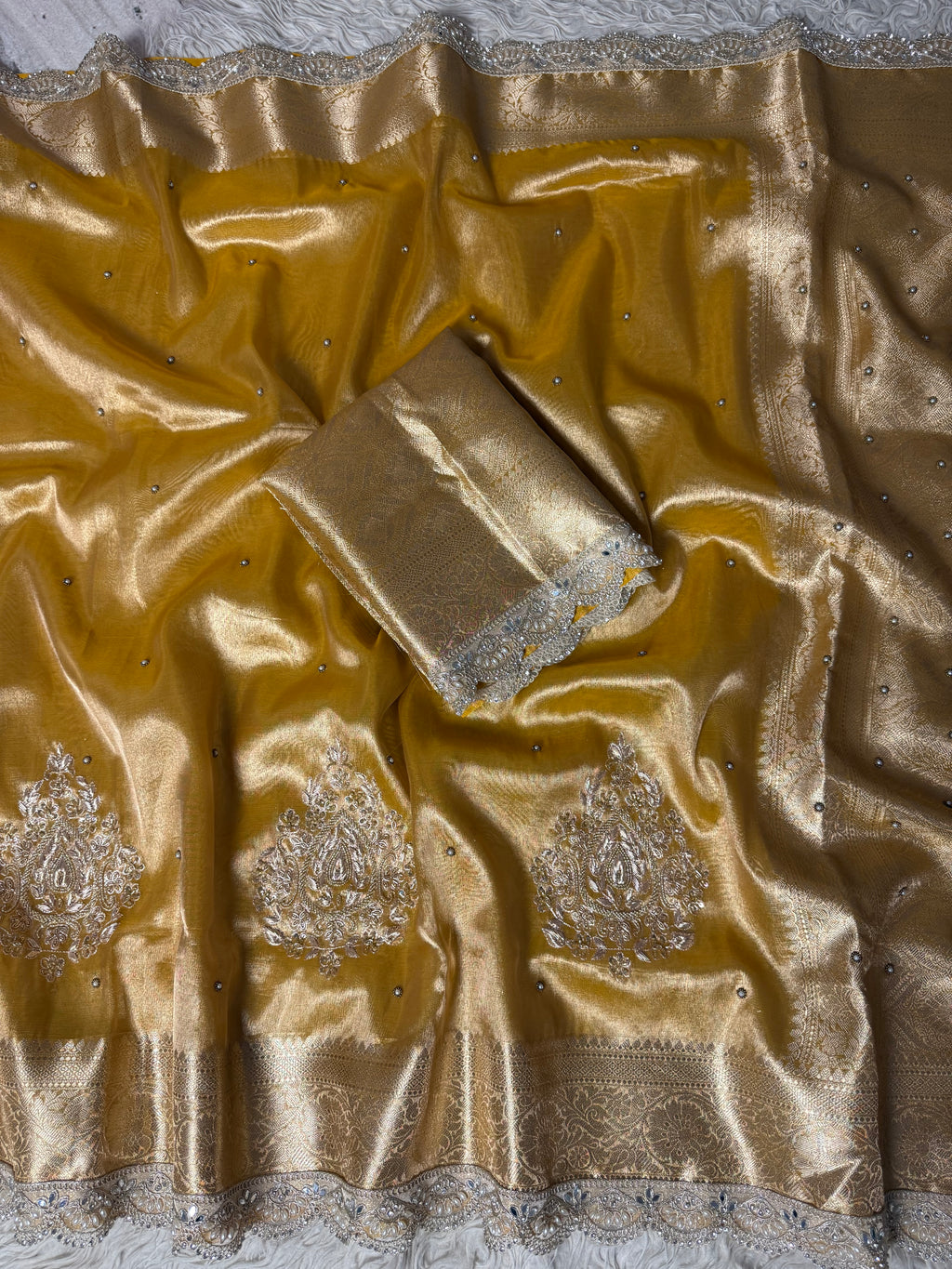 Pretty yellow Shade Banarasi Tissue Silk Zardozi Handwork Saree