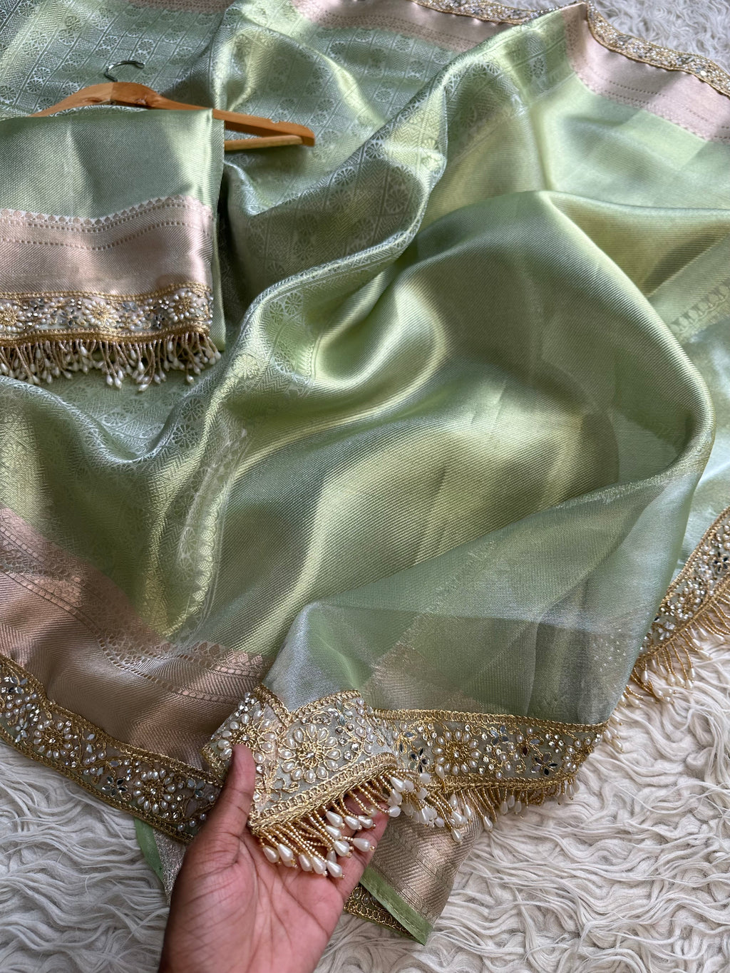 Bridal Kanjeevaram Brocade Tissue Saree with Designer Pearl and Mirror Lace Work Jhalar Lace on Pallu