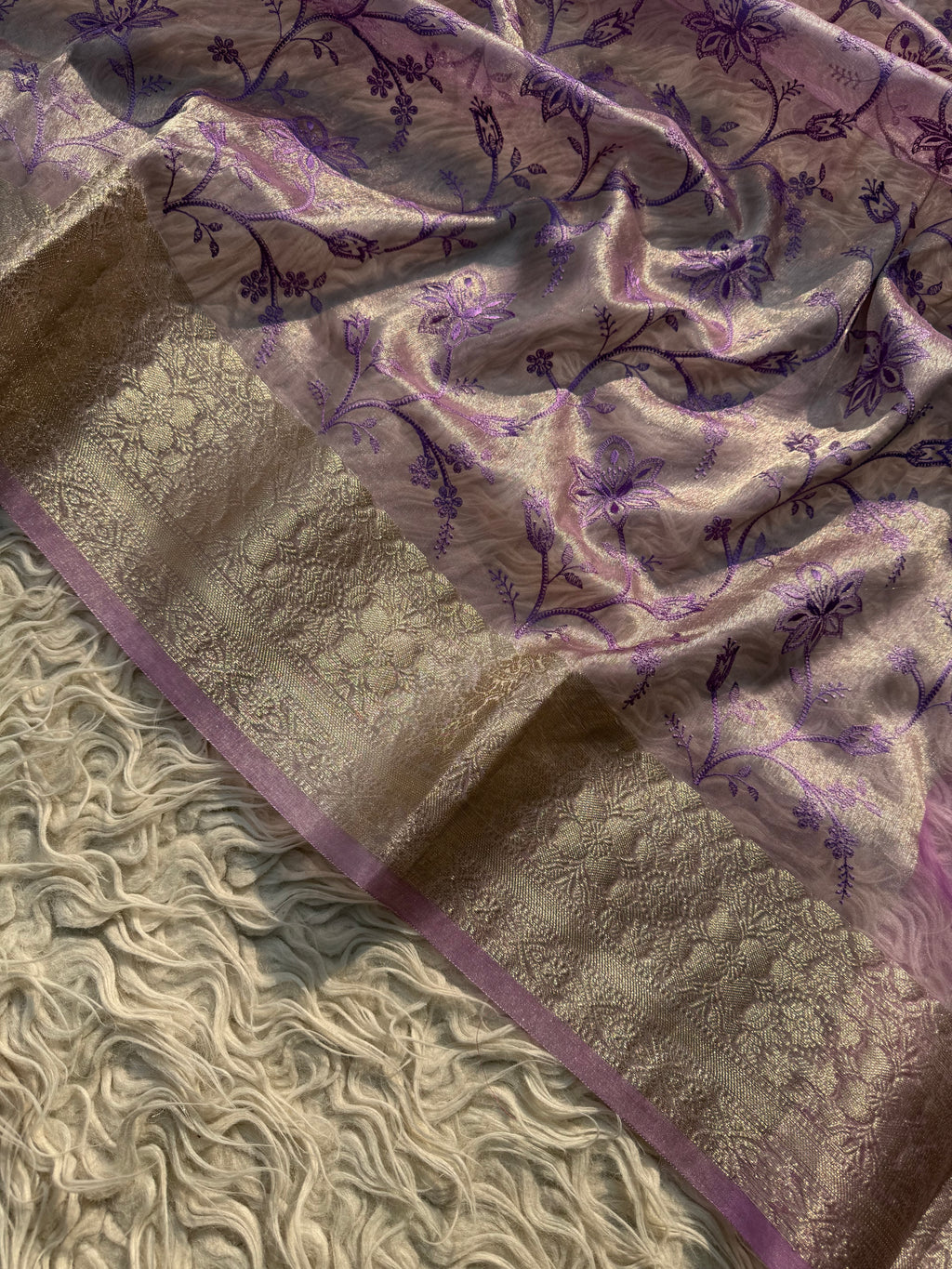 Lavender Banarasi Embroidery Tissue Silk Saree