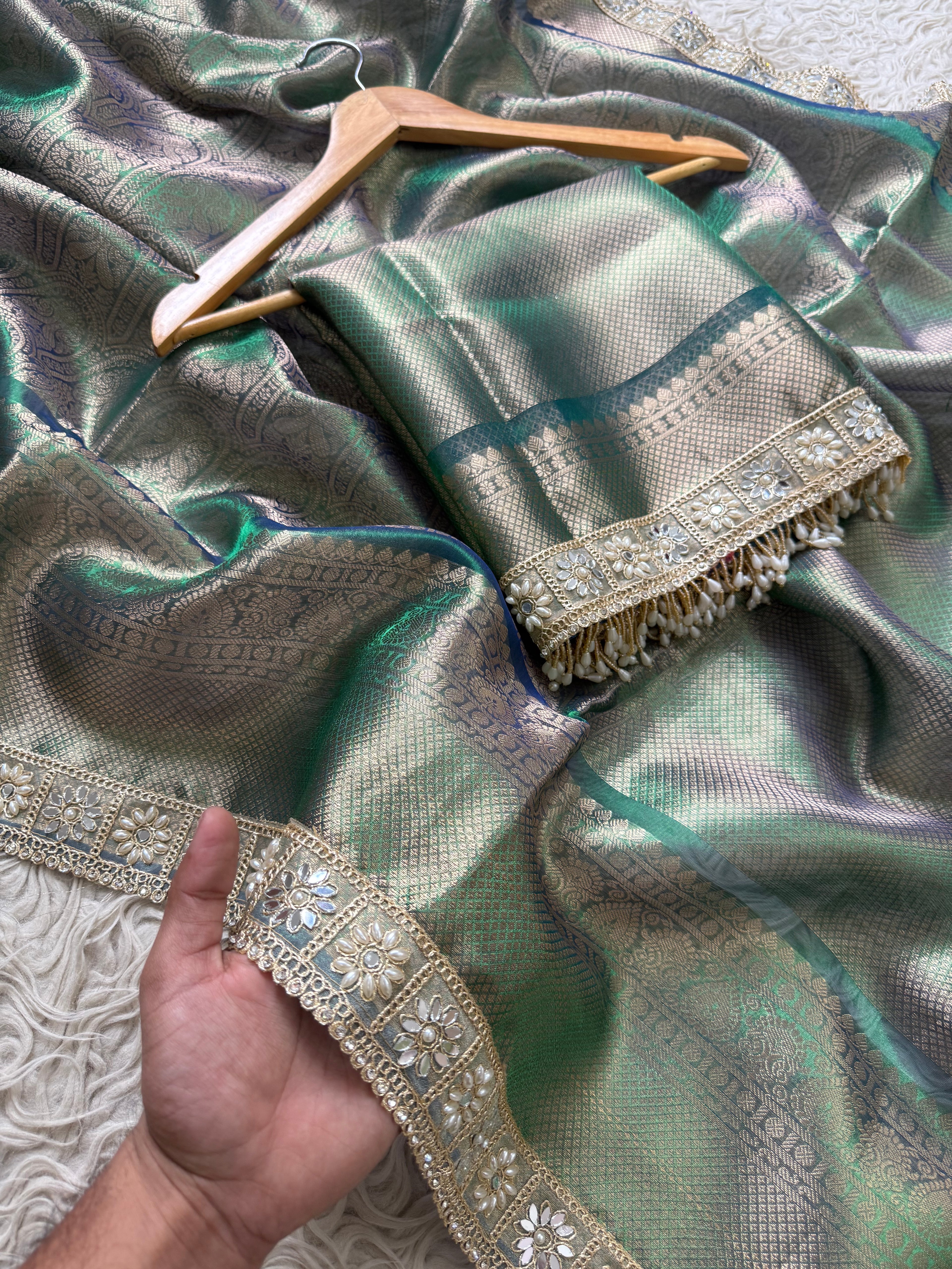 Peacock Bridal Kanjeevaram Brocade Tissue Saree with Designer Pearl and Mirror Lace Work Jhalar Lace on Pallu