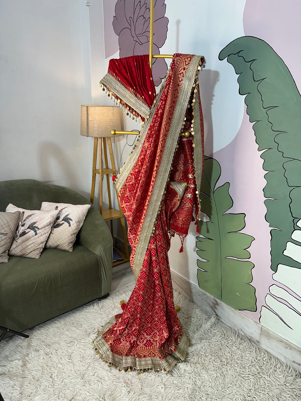 Red Designer Georgette Katan Silk Saree with Gota Patti and Coin lace