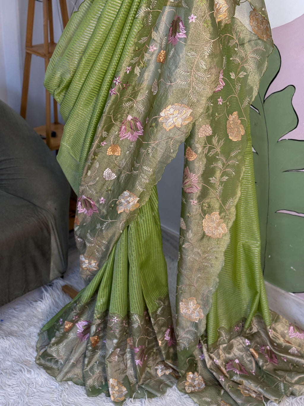 Light Green Designer Chiniya Tissue Silk Stripe Saree with multi color floral embroidered on Tissue Base