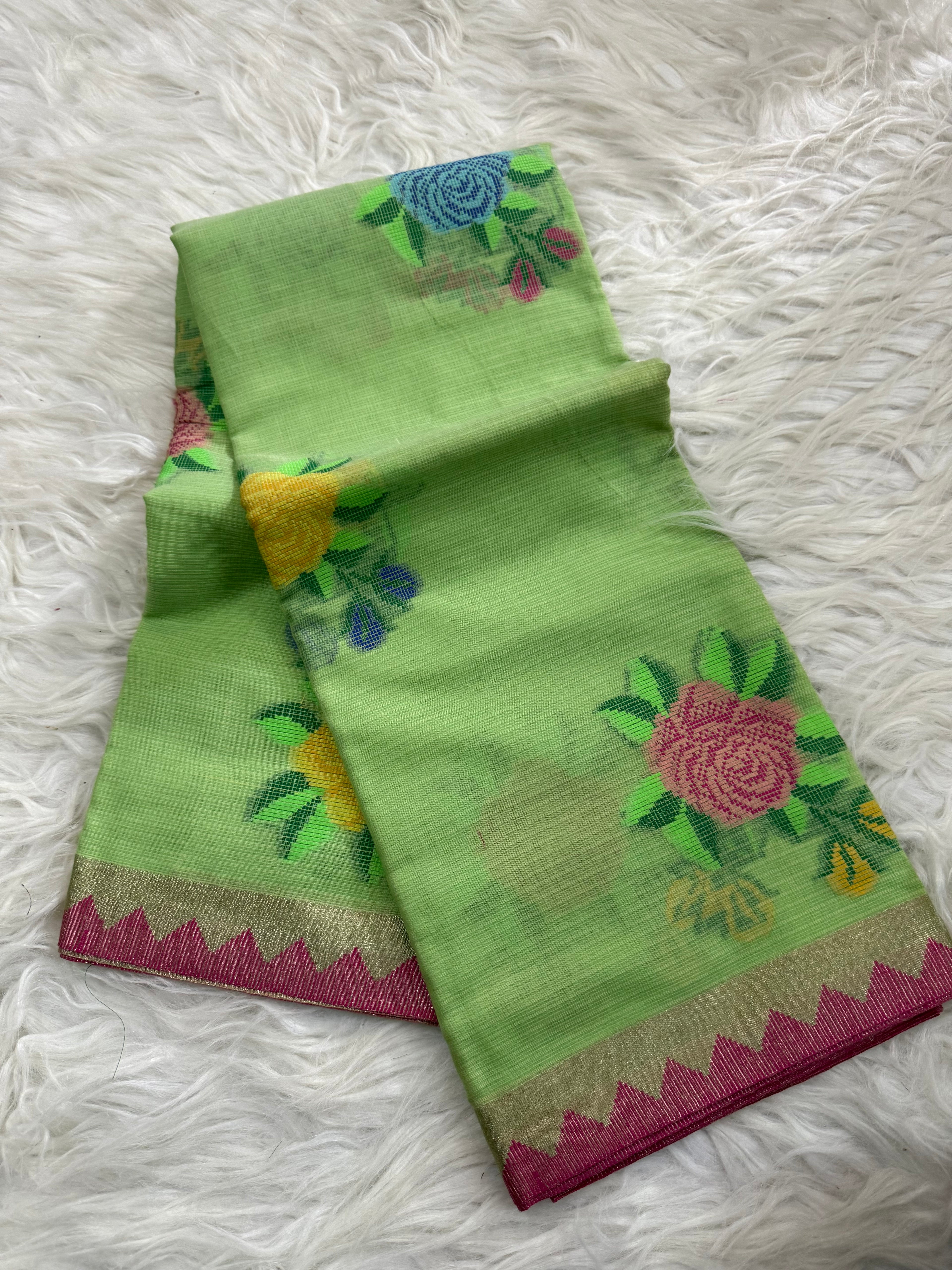 Multi color floral Buta linen cotton saree