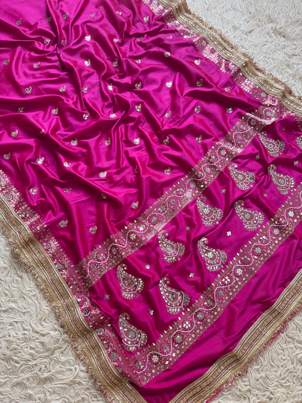 Designer Banarasi katan Saree with Pearl and mirror Work on all over Body with Intricate Border and Pallu Design Along with Gotta Patti Lace Work