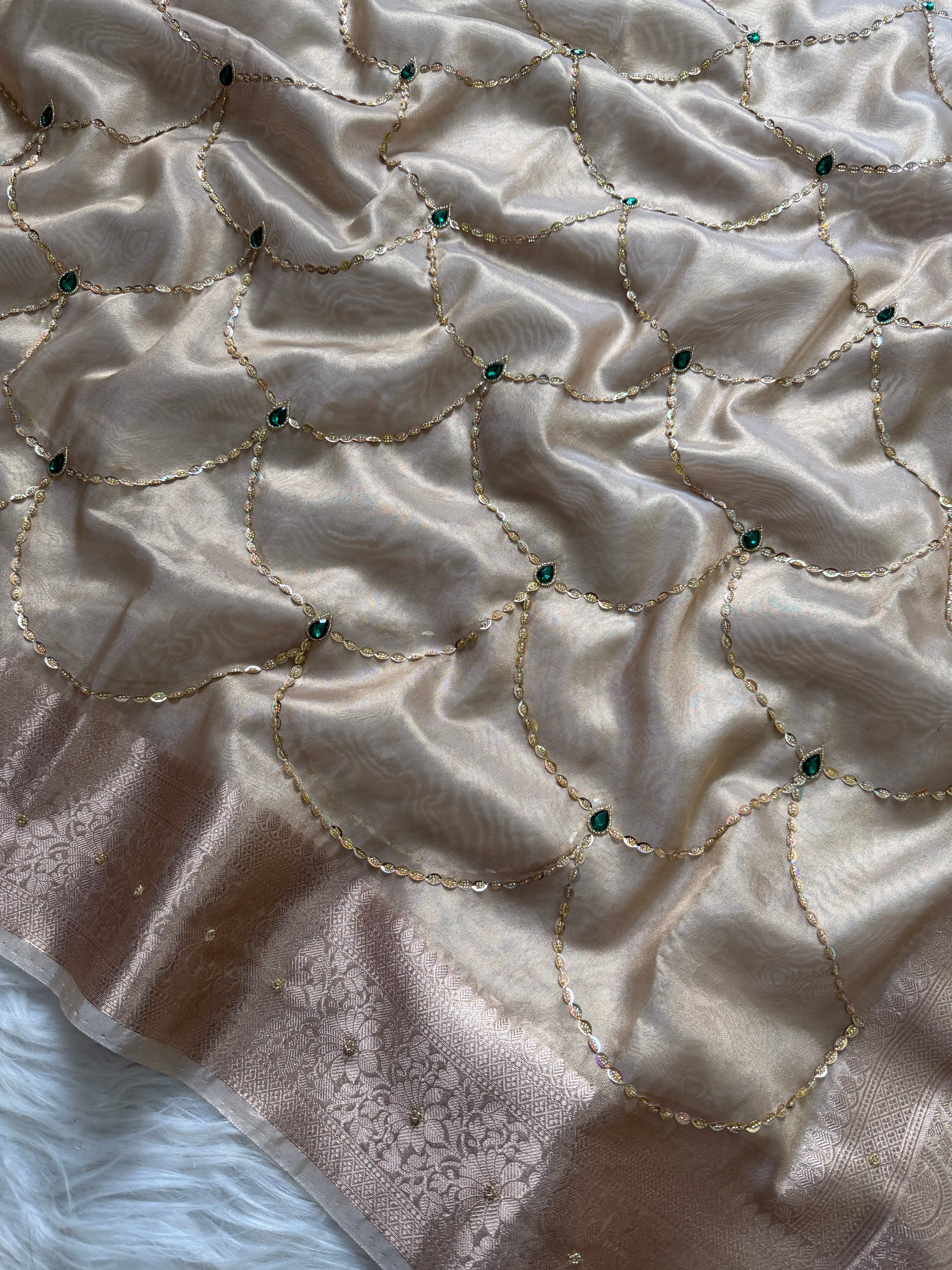 Ivory with emerald green shade combo handwork tissue Banarasi saree
