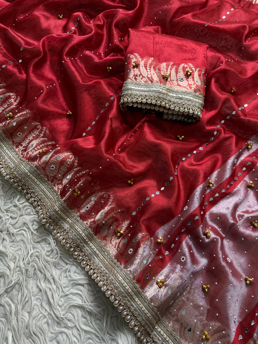Red Mirchi border Banarasi tissue saree X ghungroo and mirror work