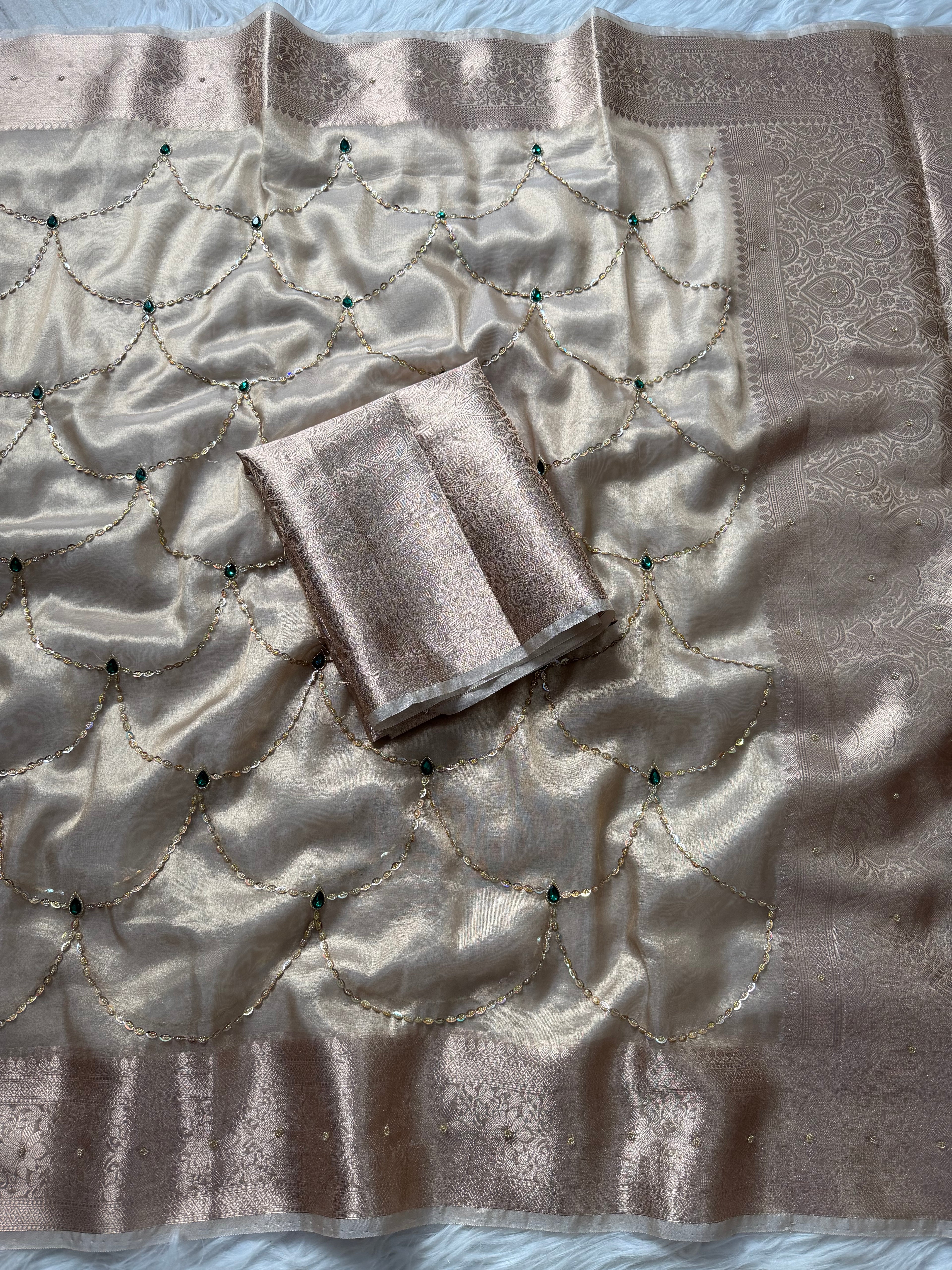 Ivory with emerald green shade combo handwork tissue Banarasi saree