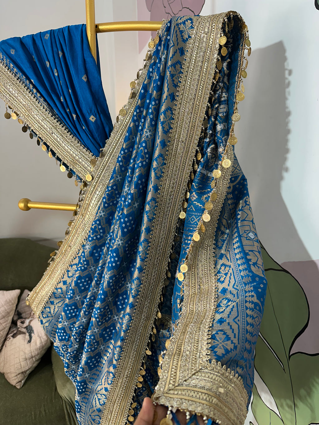 Teal Blue Designer Georgette Katan Silk Saree with Gota Patti and Coin lace