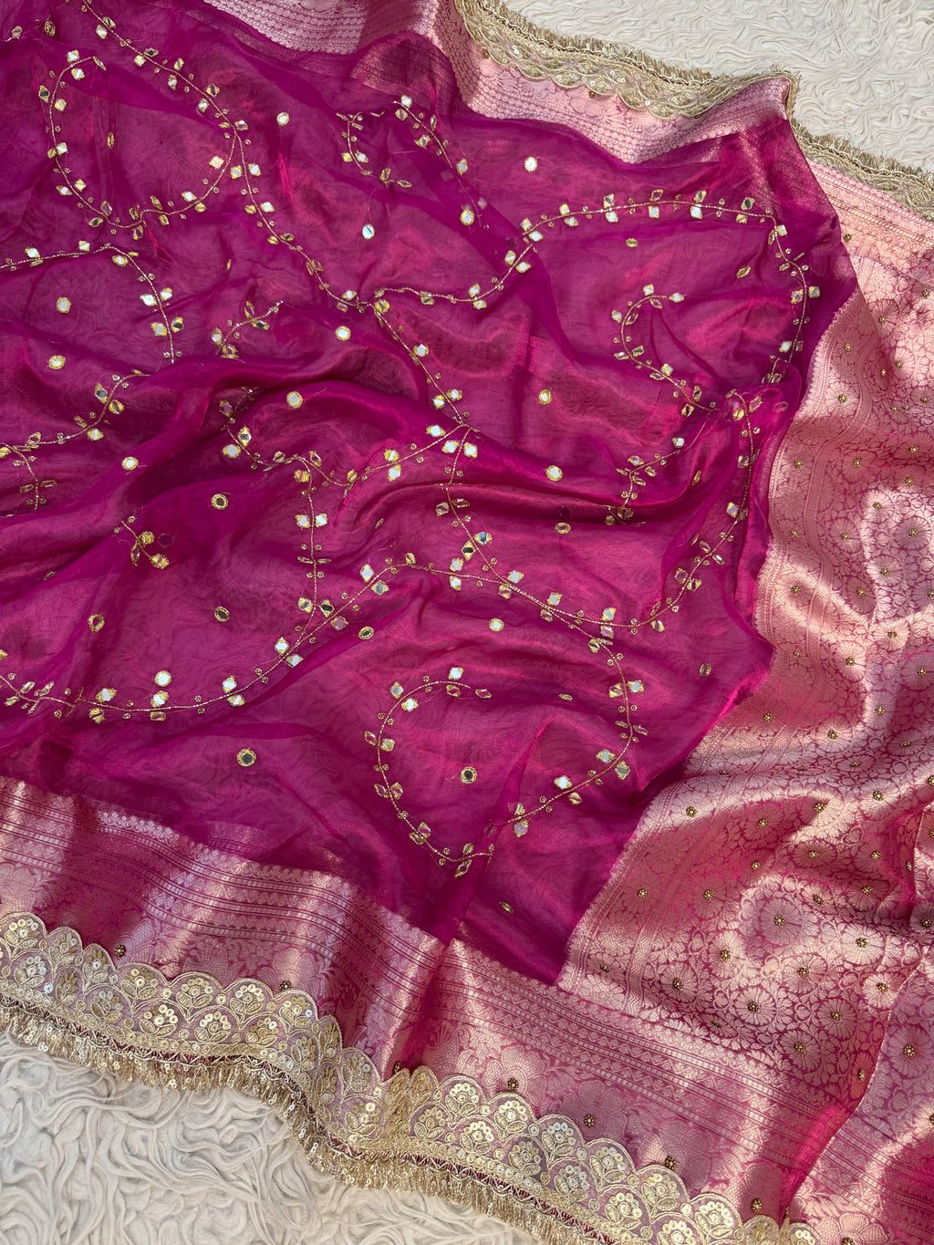 Pure Banarasi Tissue Saree with Hand Work on all over Body with Intricate Border and Pallu Design Along with Gotta Patti Lace Work
