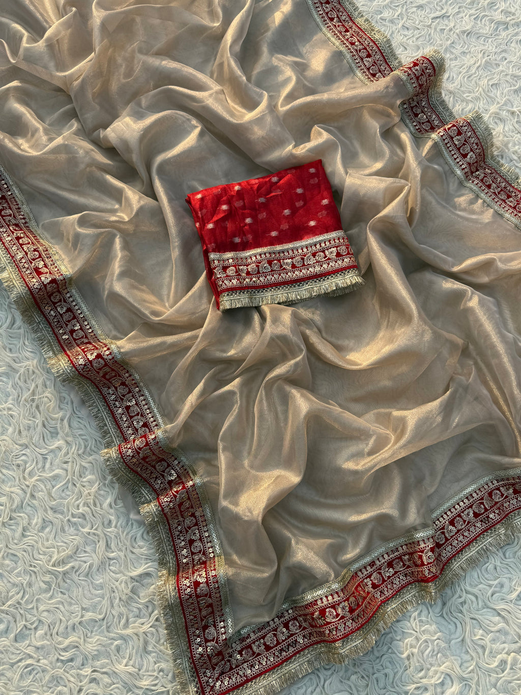 Kajol Inspired Ivory Tissue Silk Saree with Red Velvet Lace border with contrast Red Blouse