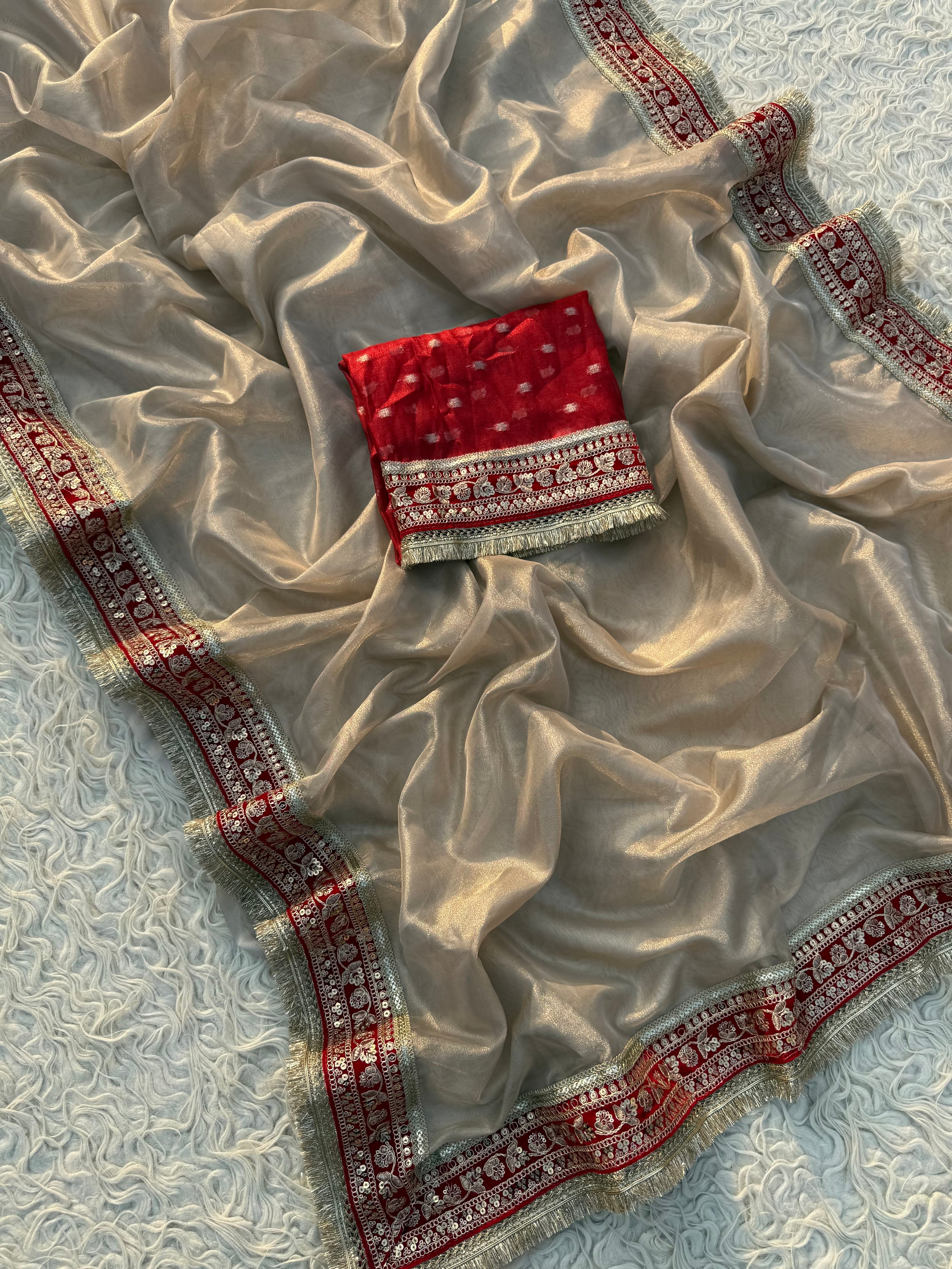 Kajol Inspired Ivory Tissue Silk Saree with Red Velvet Lace border with contrast Red Blouse