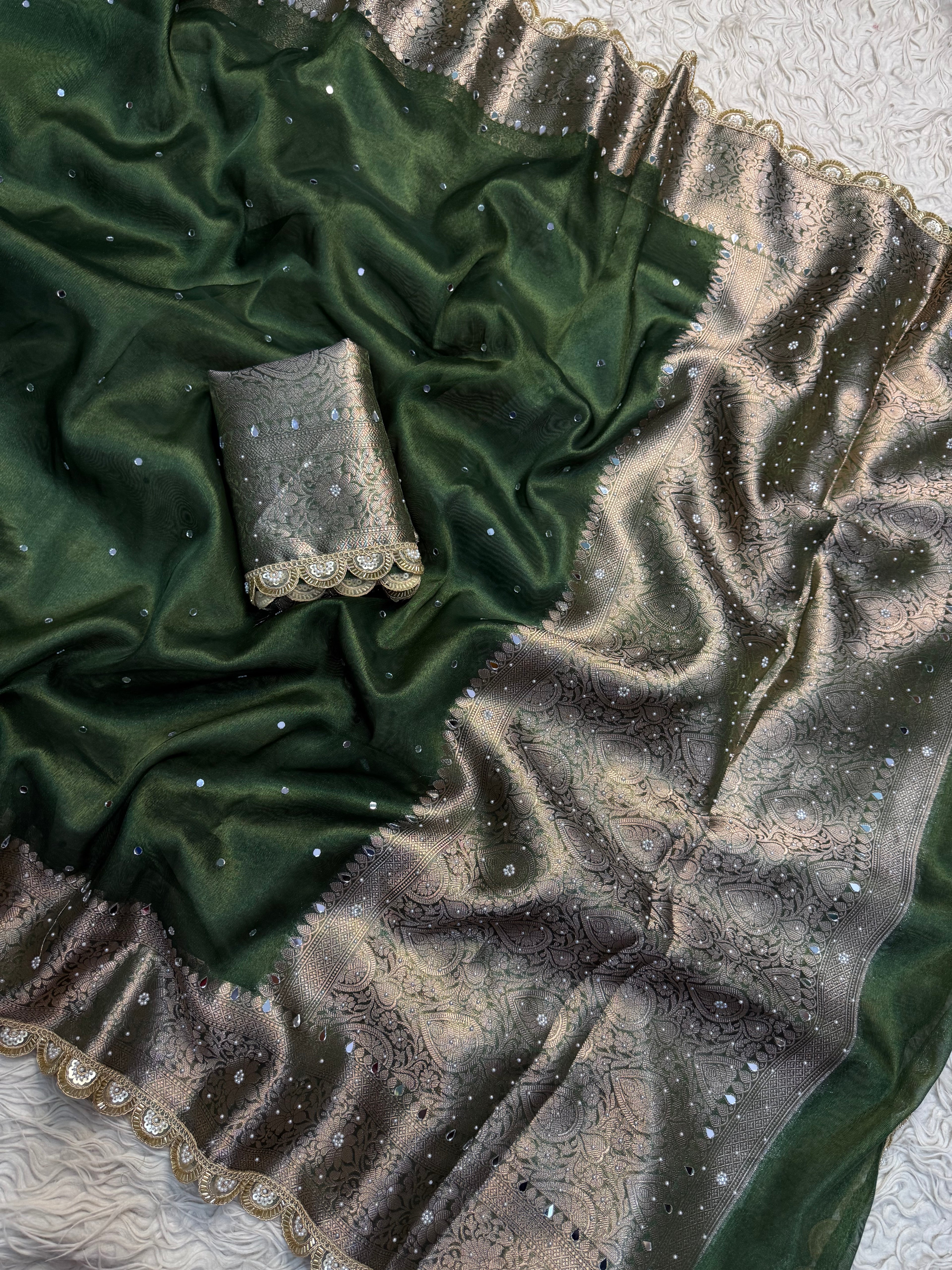 Mehendi green Designer Banarasi Tissue Saree with Pearl Work on all over Body with Intricate Border and Pallu Design Along with Gotta Patti Lace Work