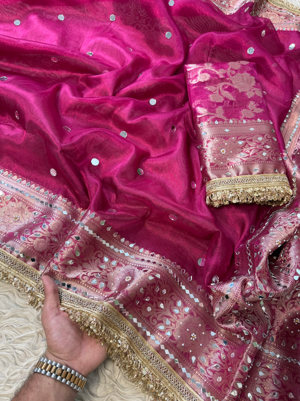 Designer Banarasi Tissue Saree with Pearl and mirror Work on all over Body with Intricate Border and Pallu Design Along with Gotta Patti Lace Work