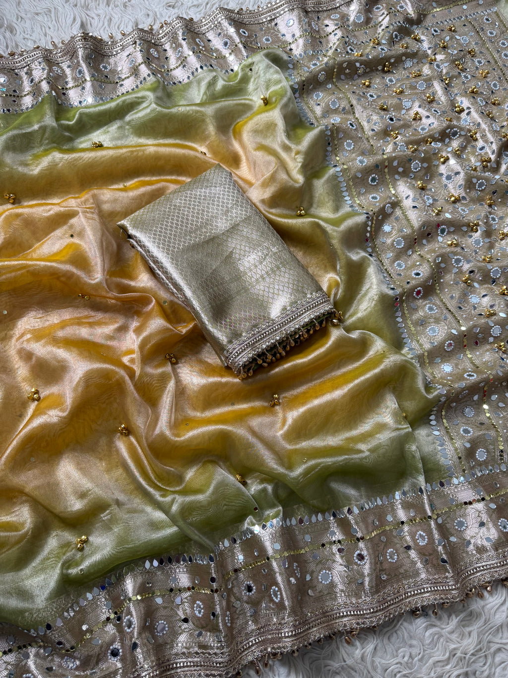 Duo Green yellow Banarasi tissue saree X ghungroo and mirror work