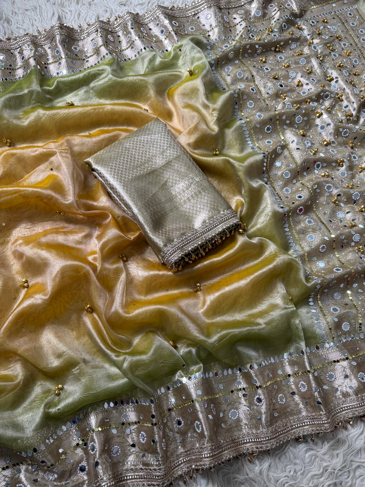 Duo Green yellow Banarasi tissue saree X ghungroo and mirror work