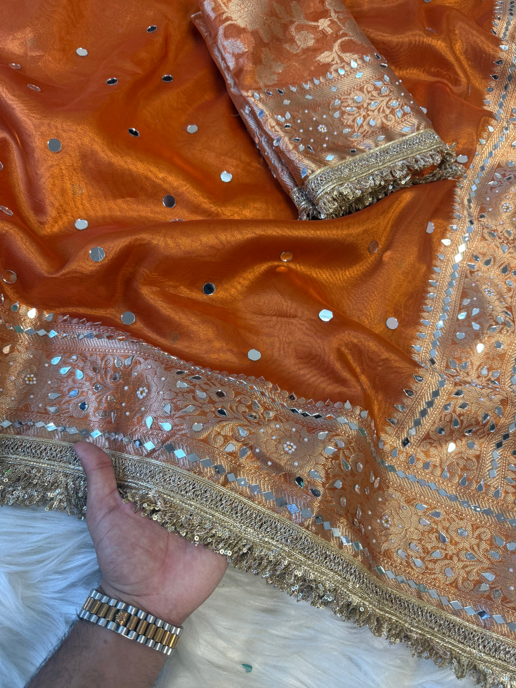 Designer Banarasi Tissue Saree with Pearl and mirror Work on all over Body with Intricate Border and Pallu Design Along with Gotta Patti Lace Work