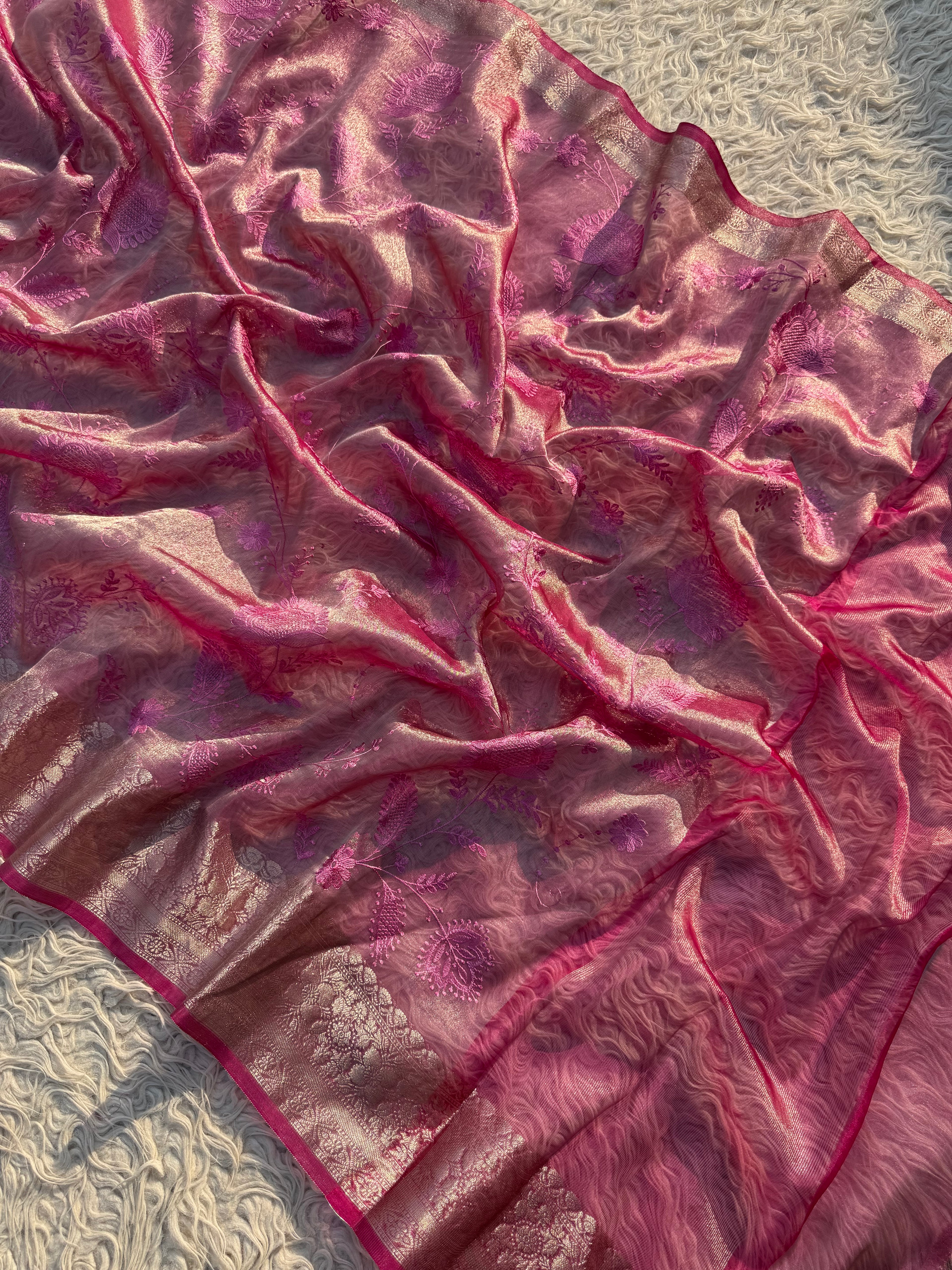 Pink Banarasi Embroidery Tissue Silk Saree