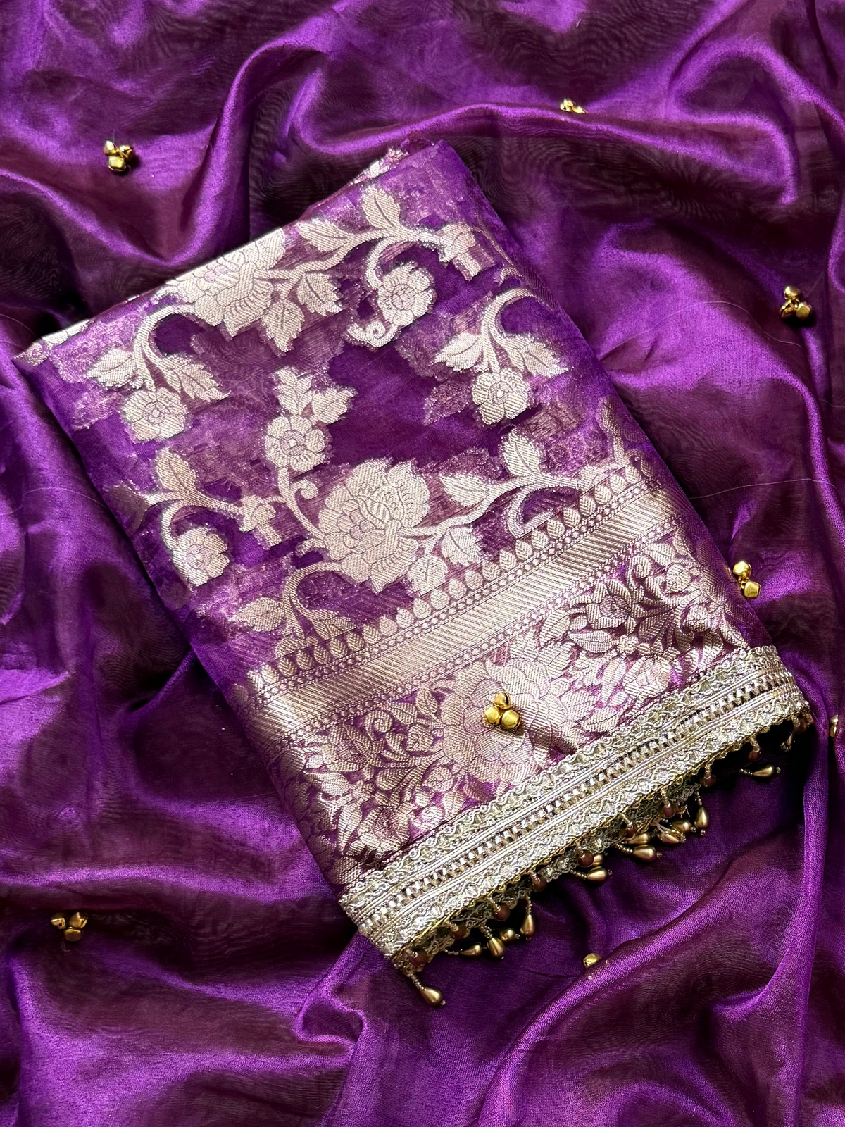 Deep purple Banarasi tissue saree X ghungroo work