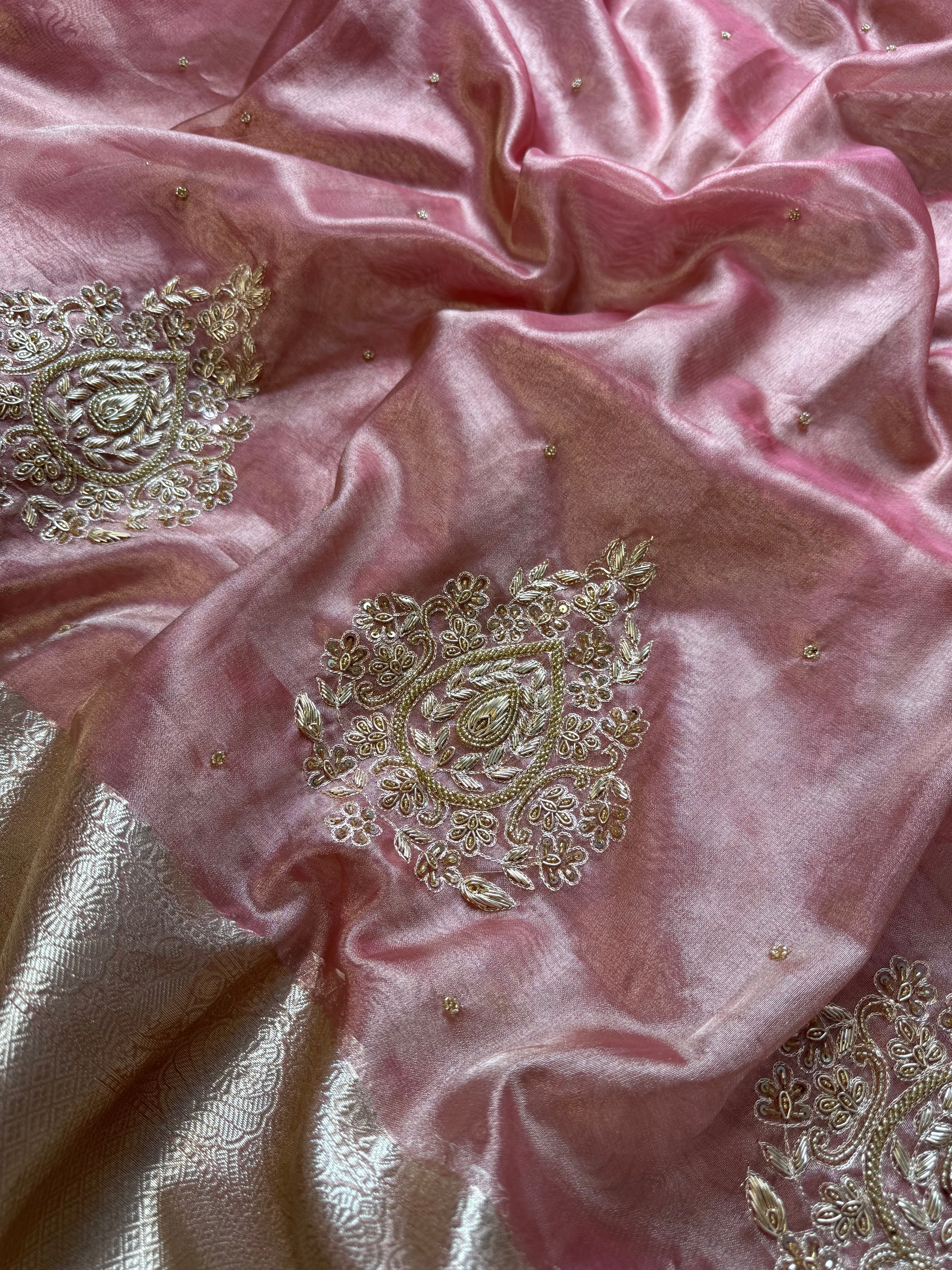 Pretty Pink Shade Banarasi Tissue Silk Zardozi Handwork Saree
