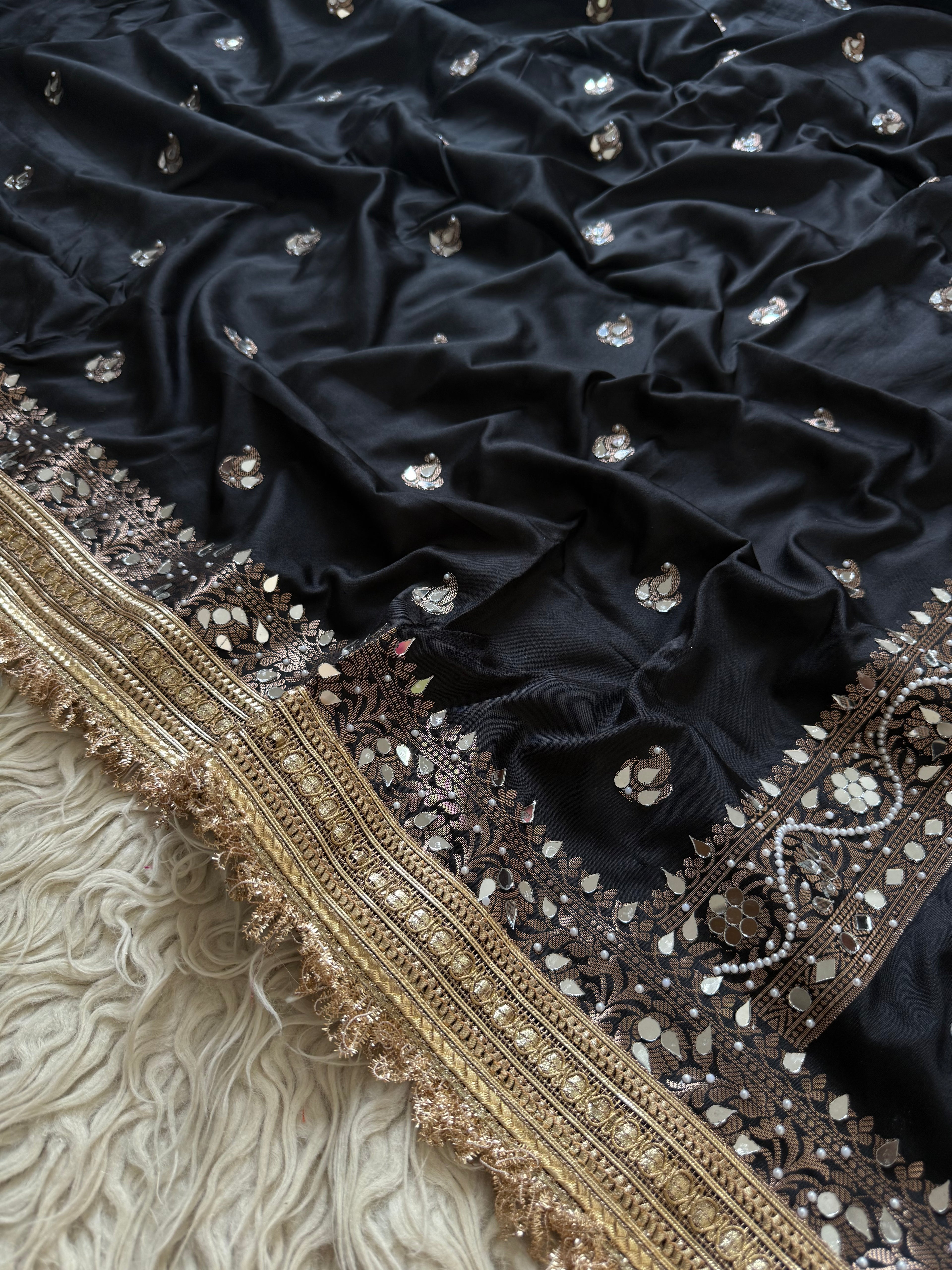 Designer Banarasi katan Saree with Pearl and mirror Work on all over Body with Intricate Border and Pallu Design Along with Gotta Patti Lace Work