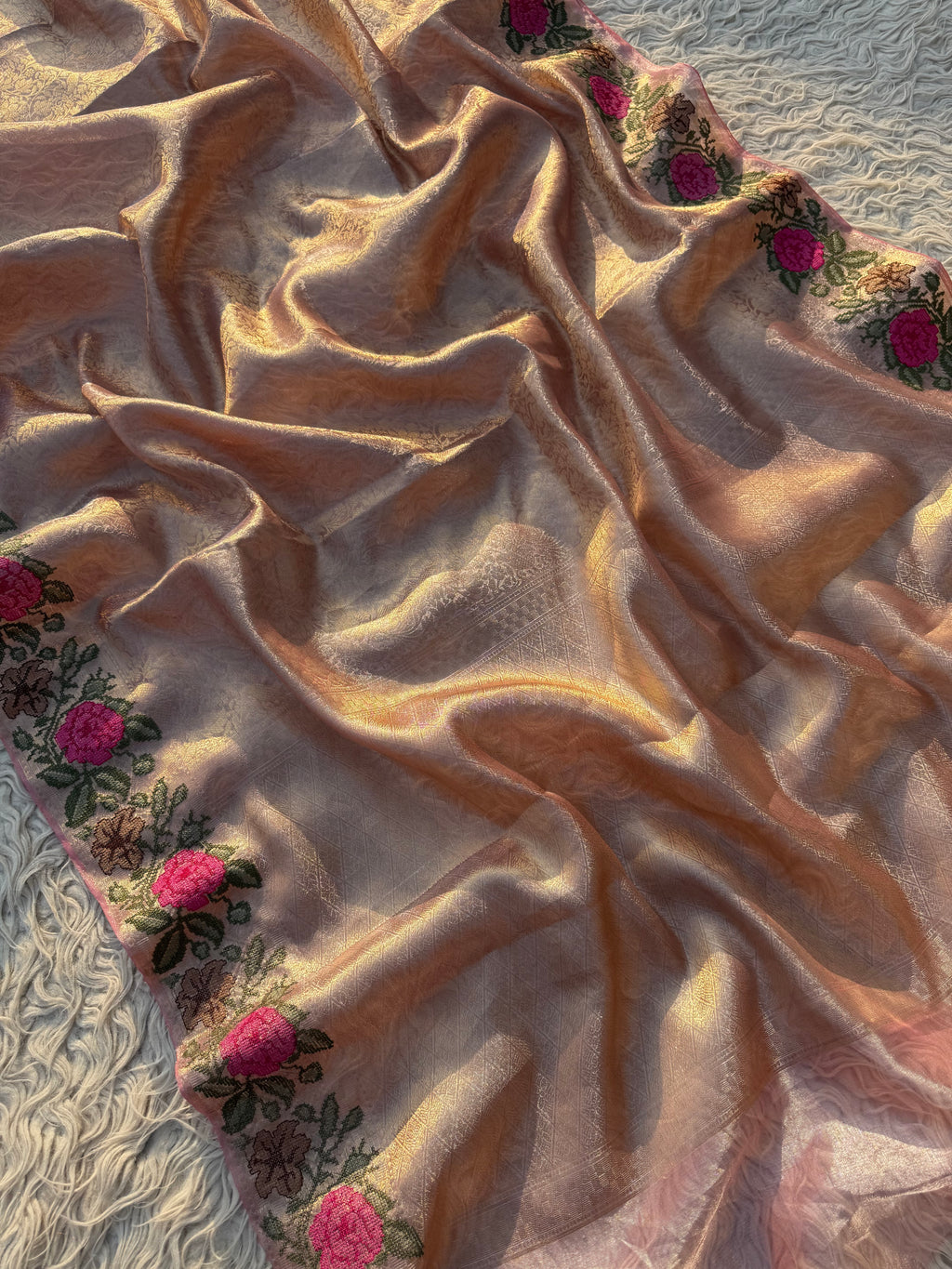 Pink Banarasi Tanchui Embroidery Tissue Silk Saree