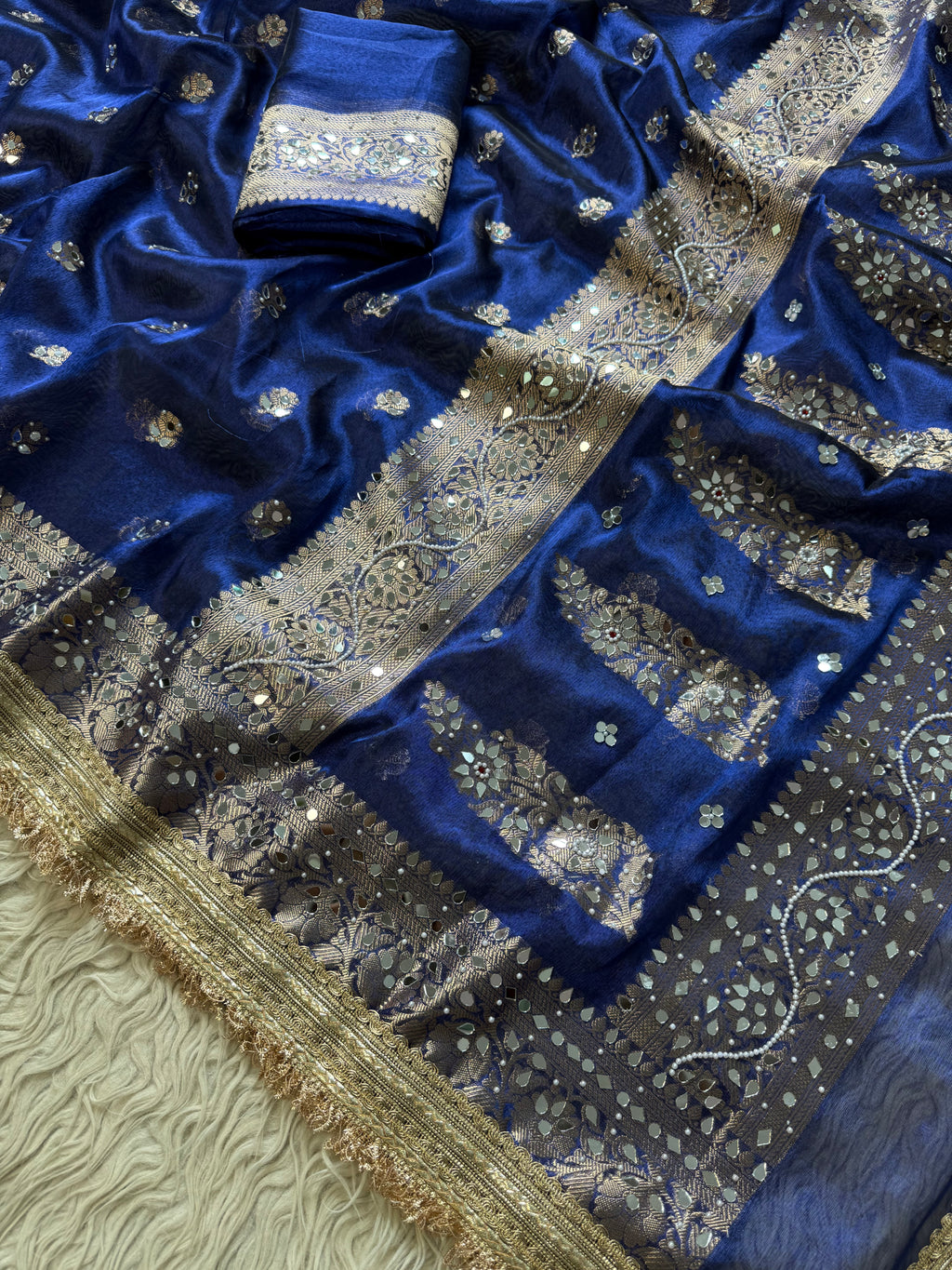 Designer Banarasi Tissue Saree with Pearl Work on all over Body with Intricate Border and Pallu Design Along with Gotta Patti Lace Work
