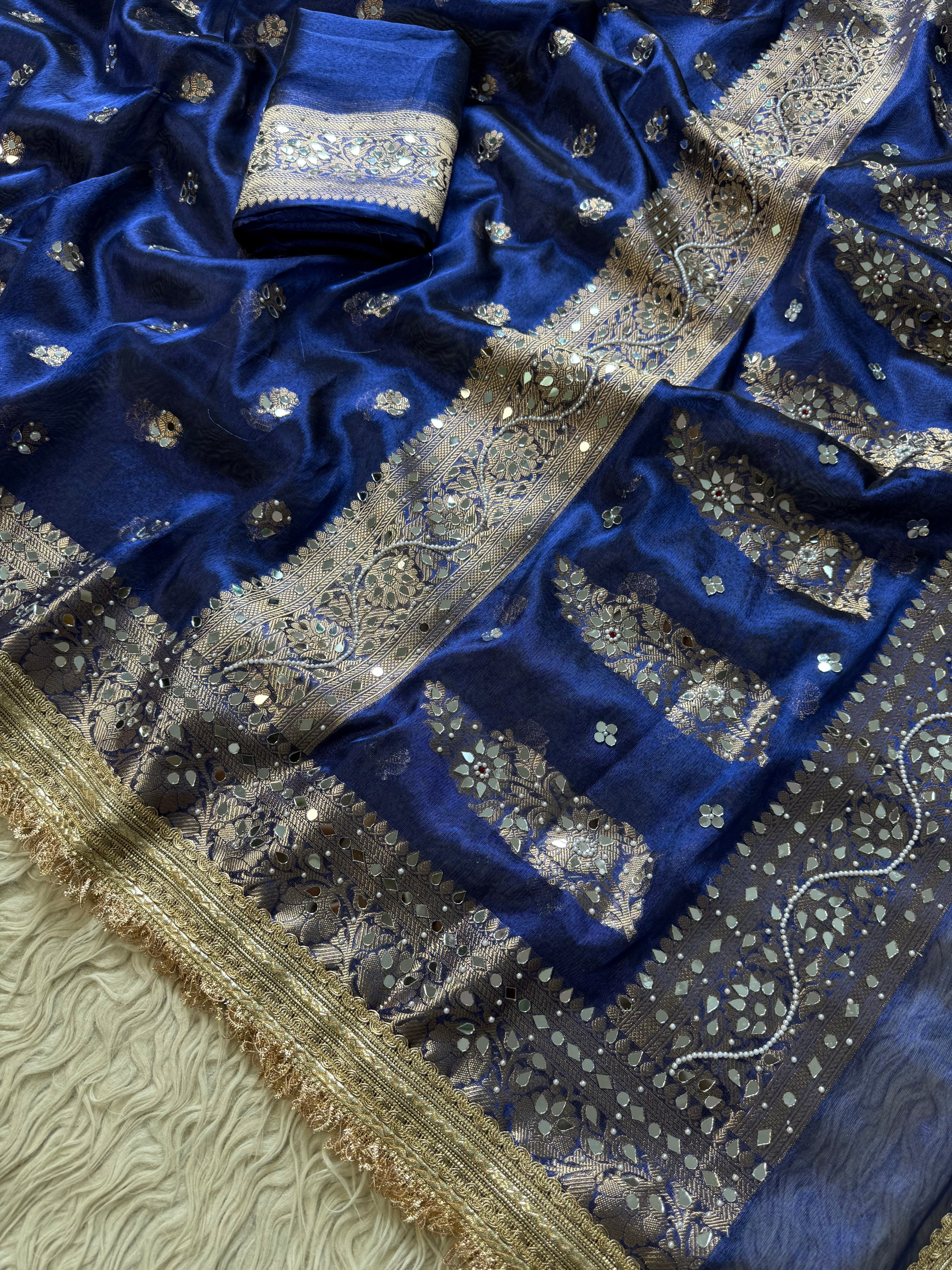 Designer Banarasi Tissue Saree with Pearl Work on all over Body with Intricate Border and Pallu Design Along with Gotta Patti Lace Work