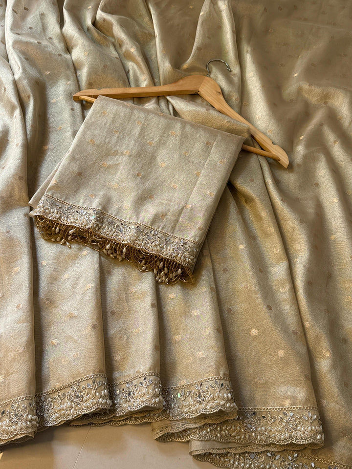 Ivory buti Banarasi Tissue Saree with Designer Pearl and Mirror Lace Work Jhalar Lace on Pallu